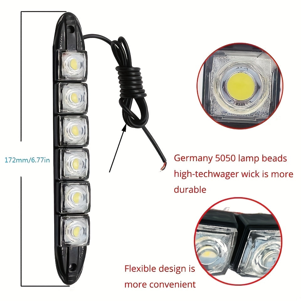 2个通用型汽车LED灯 柔性6SMD白色冰蓝色行车灯 汽车装饰灯，6个LED灯珠，汽车外部灯条，适用于轿车、SUV、皮卡车 DC 12V，不含电池