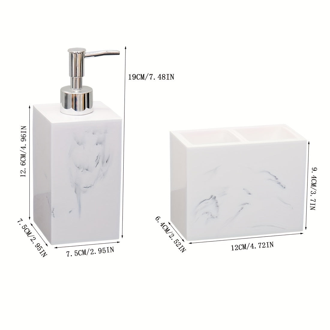 3-Piece Marble Grain Sandstone Finish Soap Dispenser & Toothbrush Holder Countertop Tray - Home Bathroom Apartment Decor Accessories, Soap Bottle Set