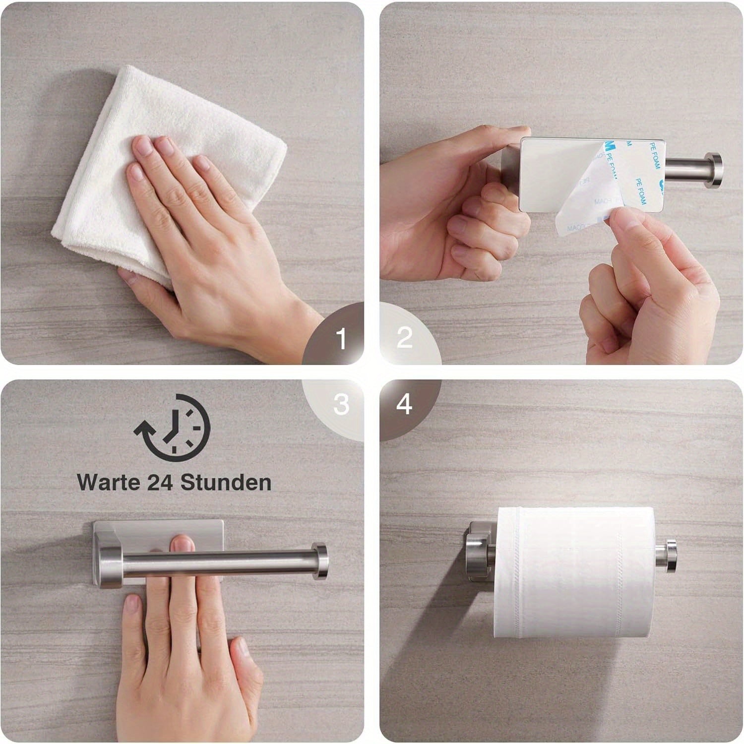 No-Drill Stainless Steel Toilet Paper Holder - Self-Adhesive Freestanding Paper Roll Holder for Bathroom & Kitchen, Brushed Finish, Rustproof Design, Easy Install, Modern Minimalist, Smooth Metal Surface