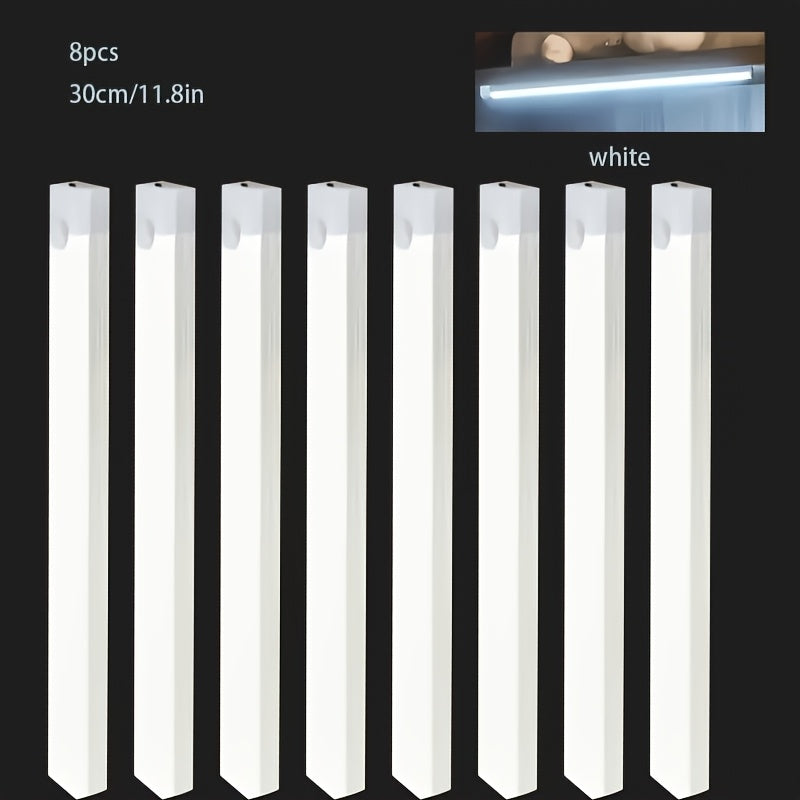 8-pack smart motion sensor LED light, household lighting tube, USB rechargeable + magnetic installation, suitable for cabinets, wardrobes, bookshelves, sinks, DIY night light. Bookshelf lighting, cabinet lighting, minimalist design