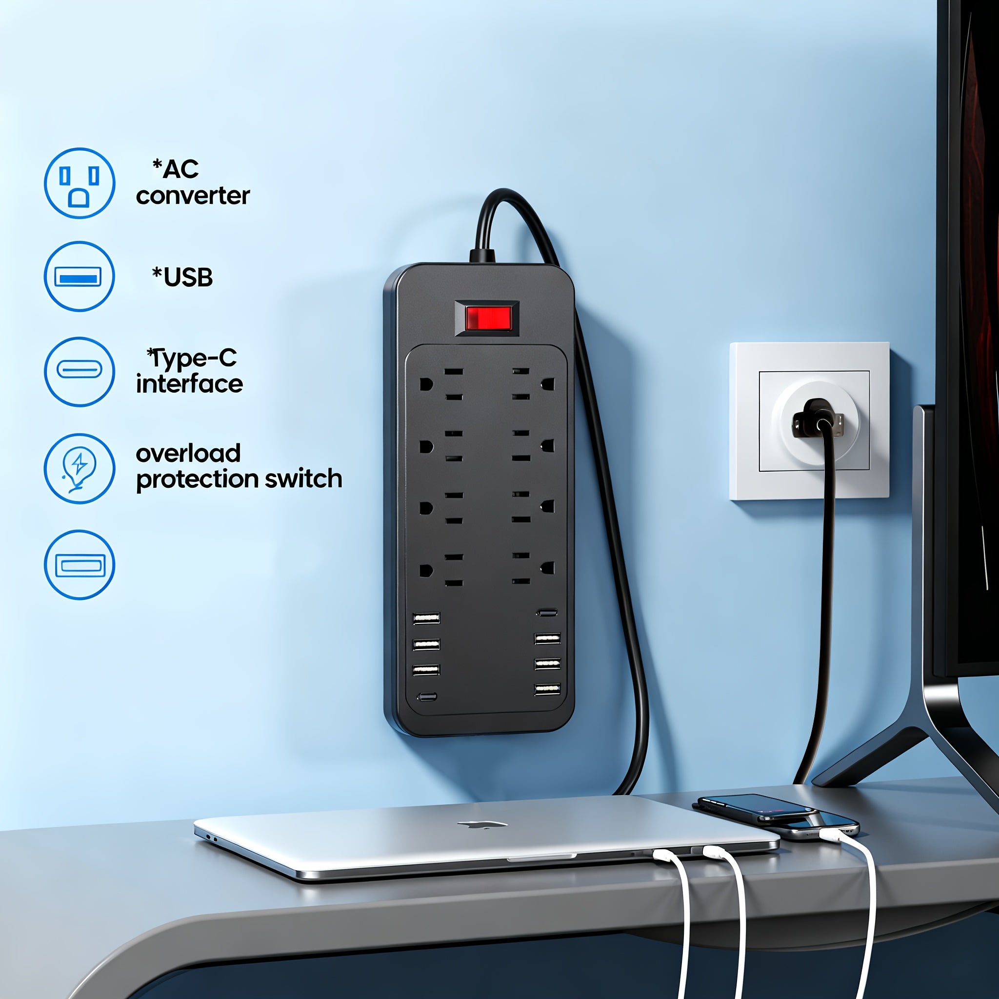 0.26Ft And 5.9Ft 16-In-1 Power Outlet with Surge Protection And Multiple Outlet Extension Cords with 8AC Outlets, 6 USB Ports And 2 Type-C Ports On/Off Control Buttons. Available in Black And White. Ideal for Offices, Kitchens