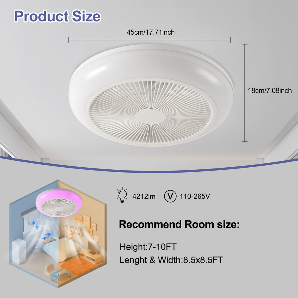 45cm/17.71 Inch Minimalist Modern Ceiling Fan, 6 Speed Levels, Quiet Operation, RGB Light, Ideal for Bedroom, Dining Room