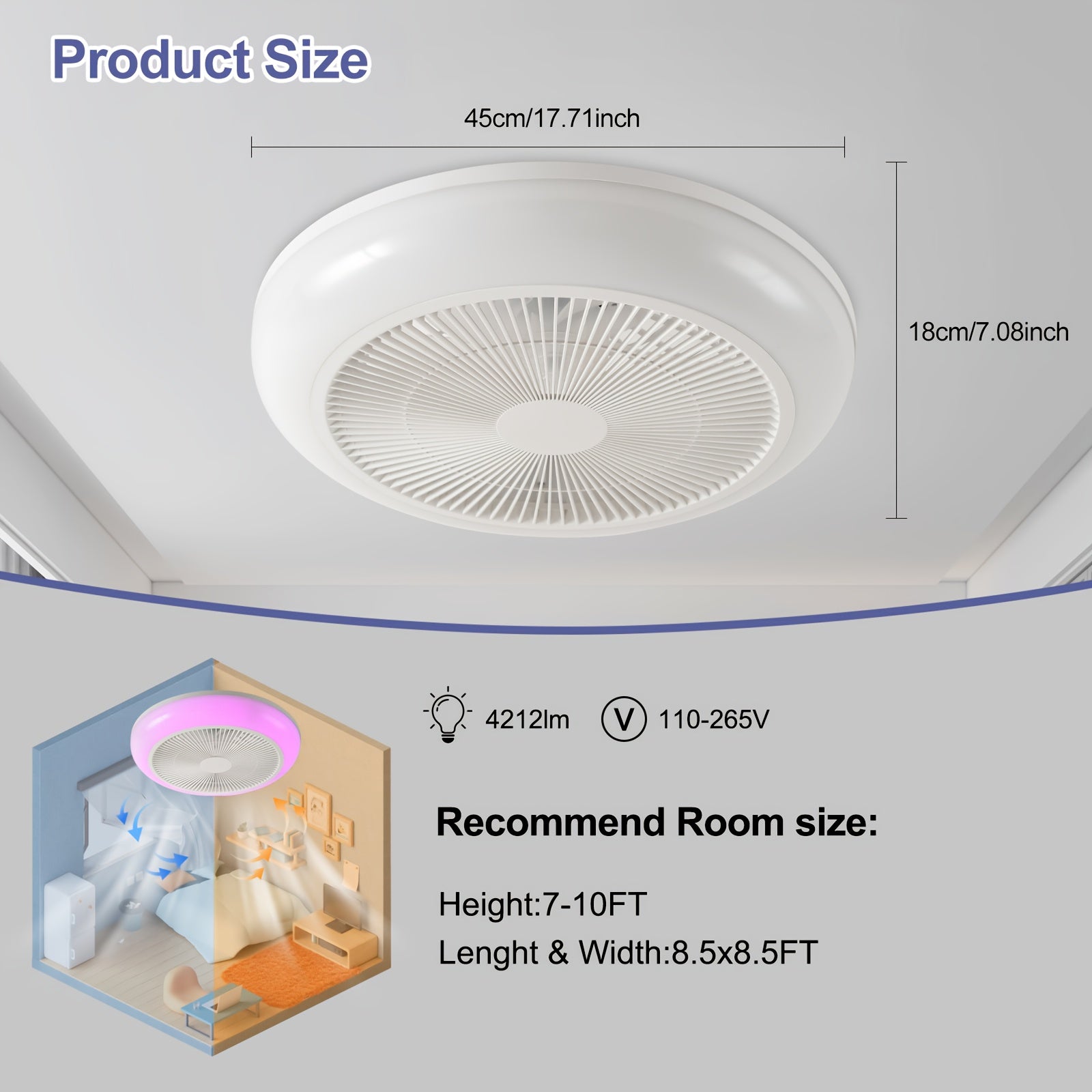 45cm/17.71 Inch Minimalist Modern Ceiling Fan, 6 Speed Levels, Quiet Operation, RGB Light, Ideal for Bedroom, Dining Room