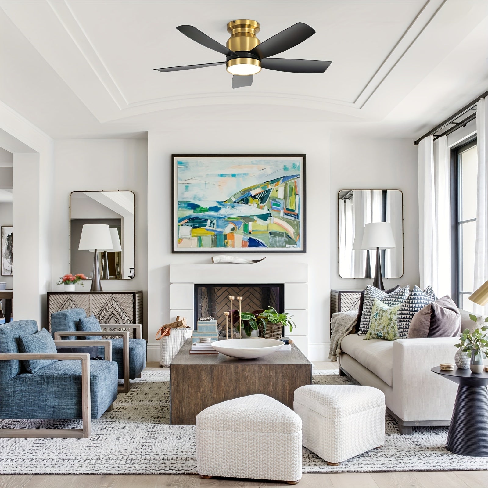Sofucor 42 Inch Ceiling Fan with Light, 5 Blades Design, Equipped with Remote Control, Quiet Reversible DC Motor, Timing Function and 6 Speed Levels, Black &amp; Gold Available, Perfect for Modern Bedroom and Living Room