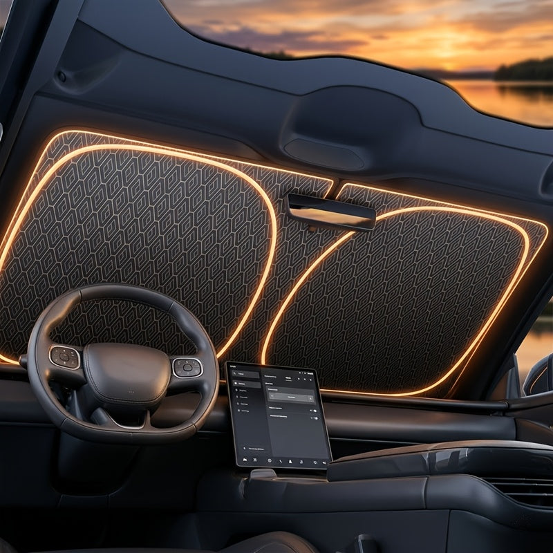 2026 New Portable Car Windshield Sunshade, 31.5*55.91" Titanium Silver, Foldable Four-Layer Diamond Mesh Sunshade, Heat Insulation & UV Protection, Easy to Install, Fits Most Vehicles