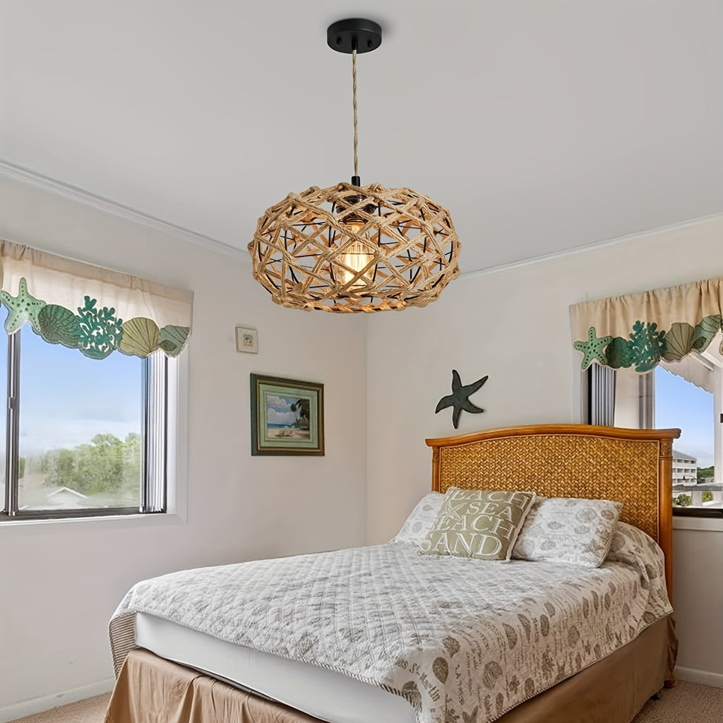 Handwoven Rattan Pendant Light with Jute Rope Woven Shade – Bohemian Rustic Rattan Hanging Lamp, Adjustable Hanging Rope and E26 Socket (Bulb Sold Separately), Suitable for Coastal Farmhouse Bohemian Style Ceiling Light Fixture