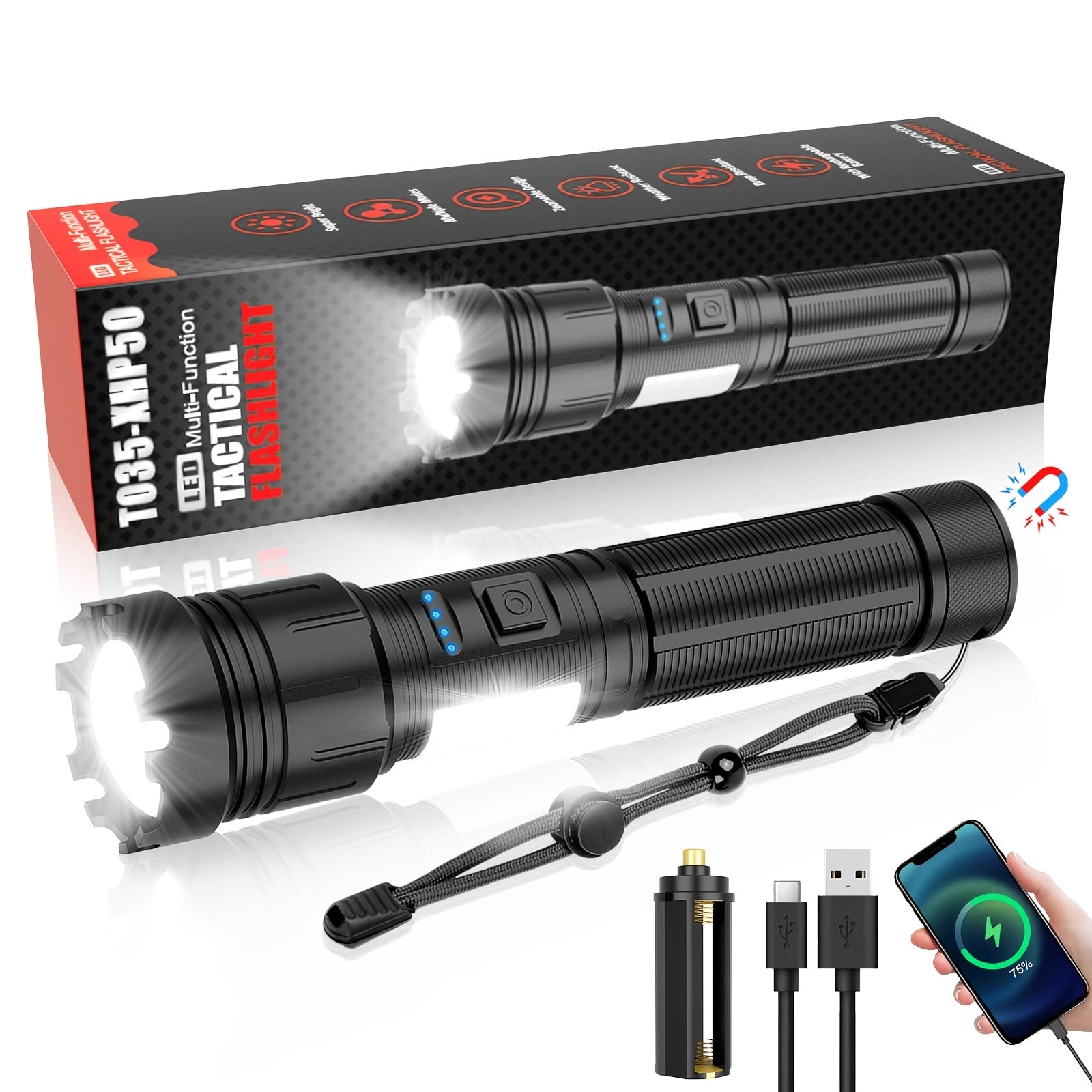 Rechargeable Magnetic Flashlight High Lumen Compact LED Pocket Light With COB Side Lighting USB-C Charging Zoom Function 7 Modes Ideal for Camping Tactical Use T035-1 Packaging