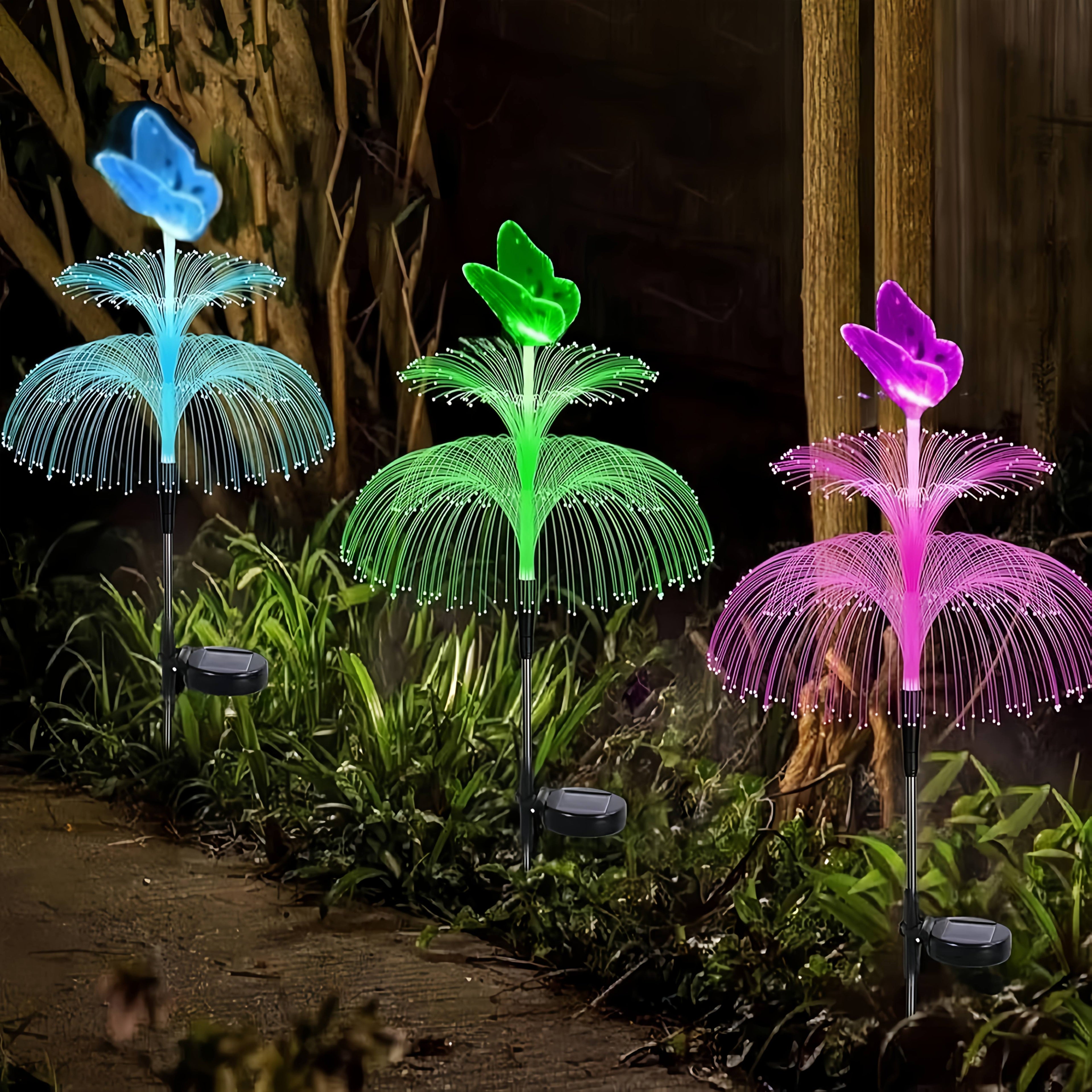 Solar Garden Light 4-Pack Solar Outdoor Decorative Light 7 Color Changing Double Jellyfish and Butterfly Flower Garden Decoration Courtyard Christmas Pool Outdoor Decoration, Gift for Mother and Women