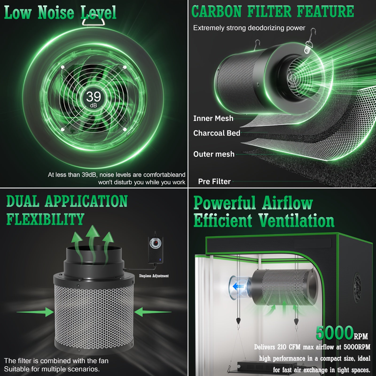 1800D Material 48x24x60 Inch (≈4x2 Ft) Hydroponic Grow Tent, Optional Accessory Kit: 100W Dimmable LED Light, 8ft Ducting, 4"/6" Vents, Optional Standard Independent Fan & Filter Combo or New Integrated Fan-Filter Unit