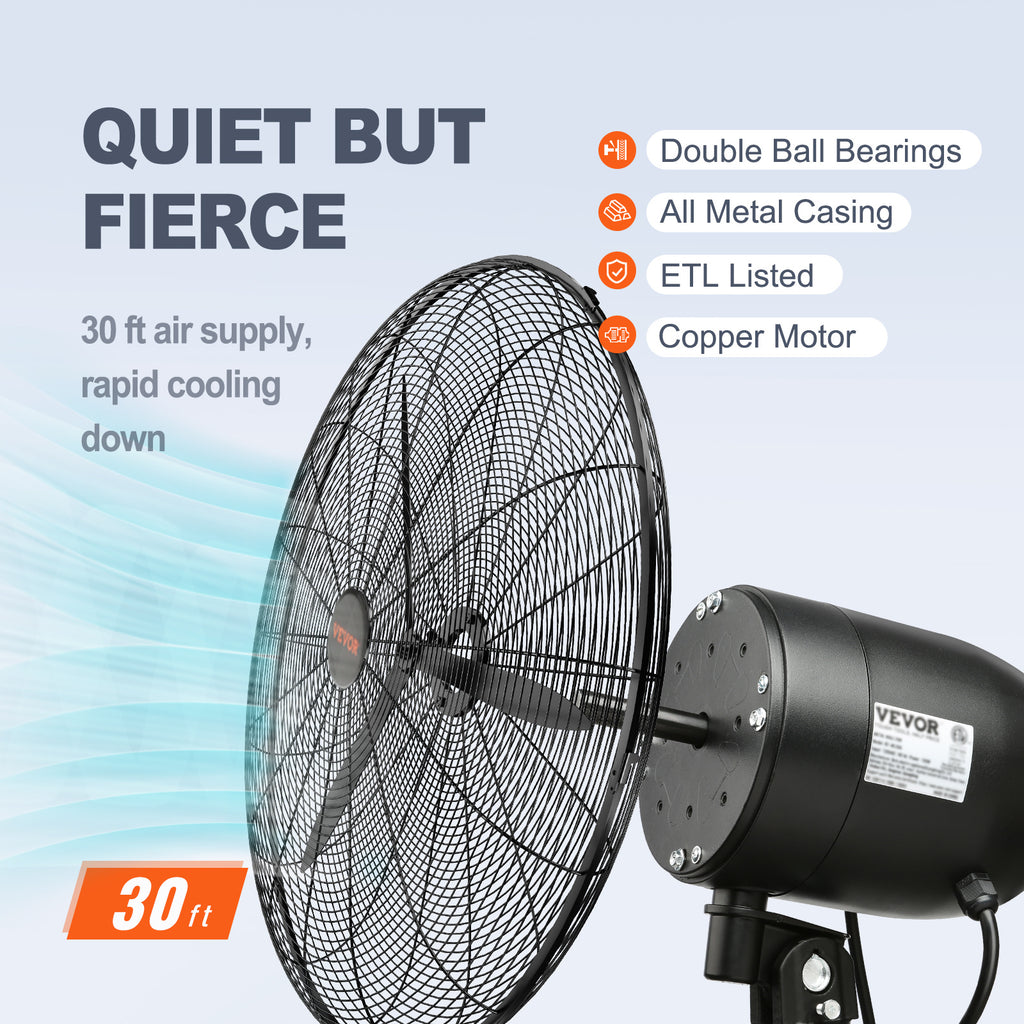 VEVOR Wall-Mount Misting Fan, 24"/30", 3-Speed High Velocity Max 7000 CFM / 9500 CFM, Waterproof Oscillating Industrial Wall Fan, Commercial/Residential for Warehouse, Greenhouse, Workshop, Black, ETL Listed