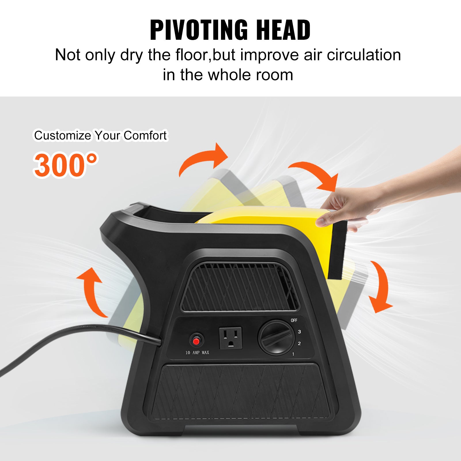 VEVOR Pivoting Utility Fan, 600 CFM High Velocity Floor Blower for Drying, Cooling, Ventilating, Exhausting, 300° Blowing Angle Air Mover, Portable Carpet Dryer Fan for Home, Workshop