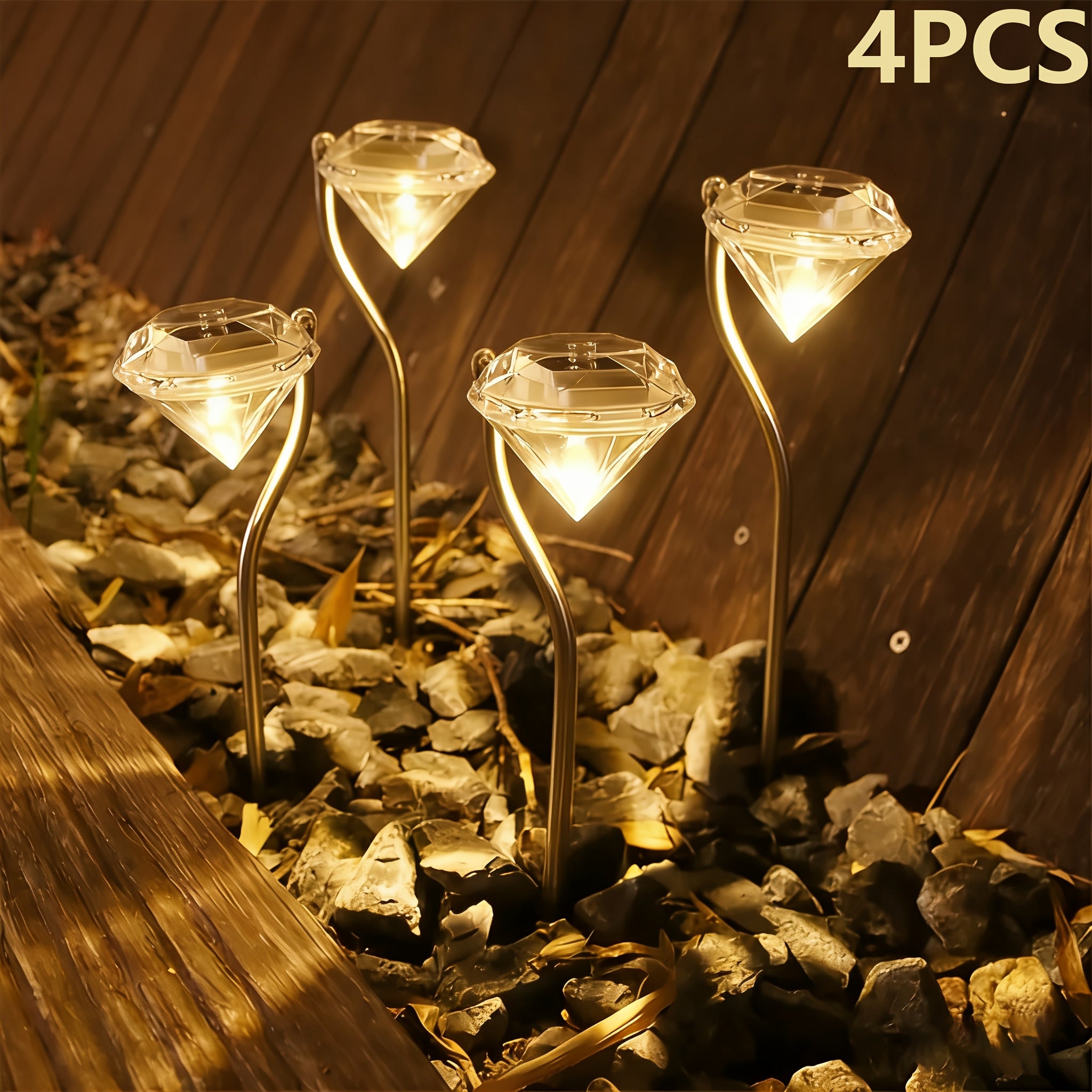 4 Pack Solar Diamond Shape Light Set, Designed for Outdoor Use with Rainproof Function. These LED Lawn Lights Feature Simple Semi-Flush Mount Installation with Stainless Steel Tube.