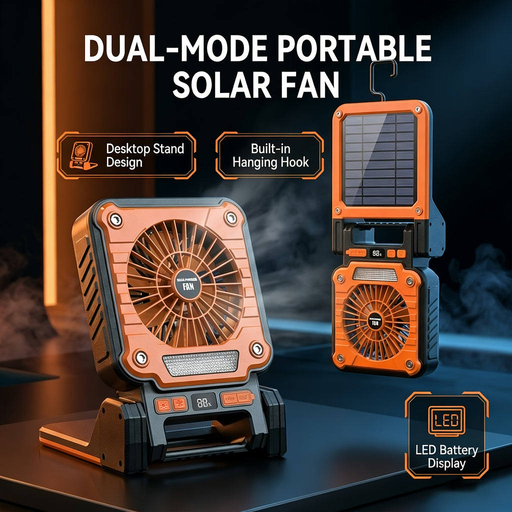 Portable Camping Fan, USB & Solar Charging, 3 Wind Speed Levels, Digital Power Display, 5 Lighting Modes, Emergency Light, Built-in Hook, Ideal for Camping & Auto Repair, Comes with Storage Bag