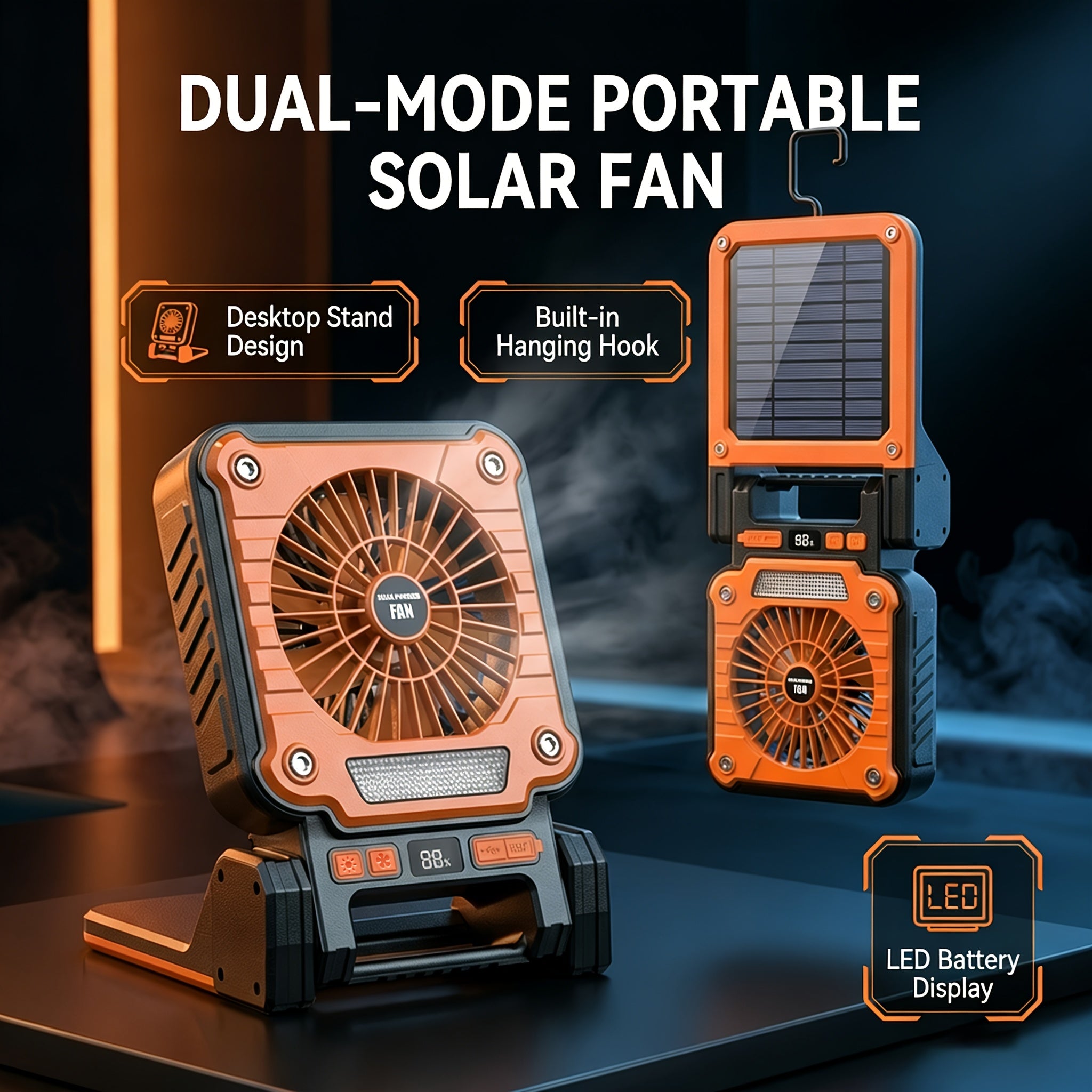 Portable Camping Fan, USB & Solar Charging, 3 Wind Speed Levels, Digital Power Display, 5 Lighting Modes, Emergency Light, Built-in Hook, Ideal for Camping & Auto Repair, Comes with Storage Bag