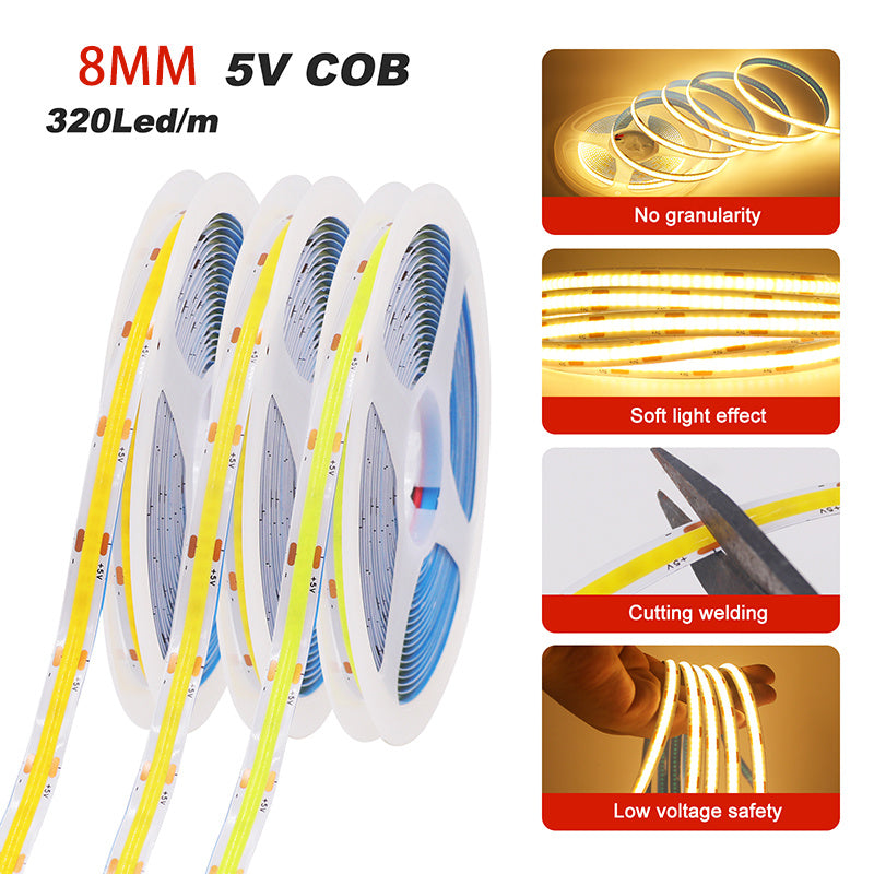 5V COB LED灯带，厚度8mm，提供超薄白色、暖光和中性光。这种柔性灯条非常适合家庭使用、派对、情人节、万圣节。