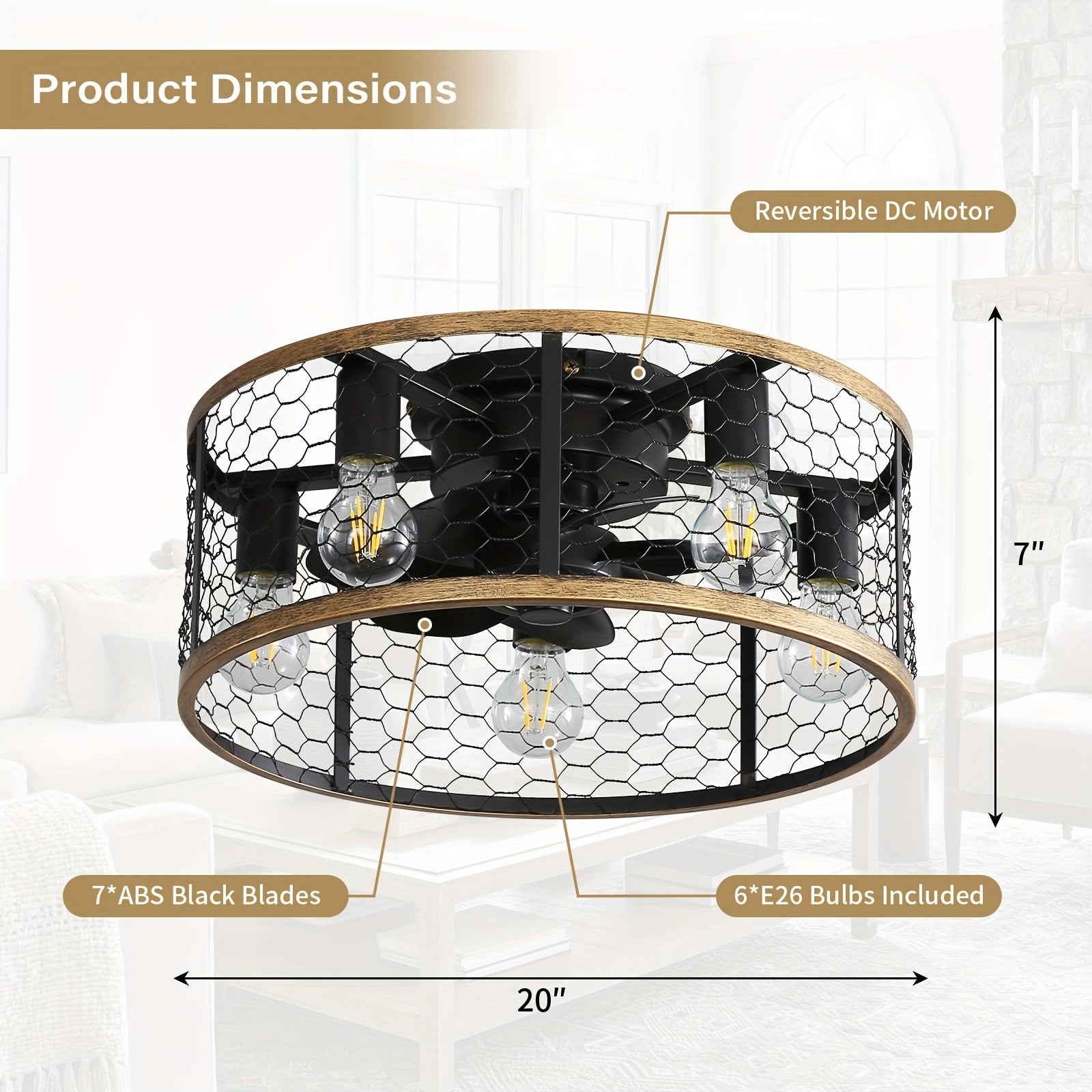 Sofucor 20 Inch 7-Blade Caged Ceiling Fan with Remote Control & Light Kit Set
