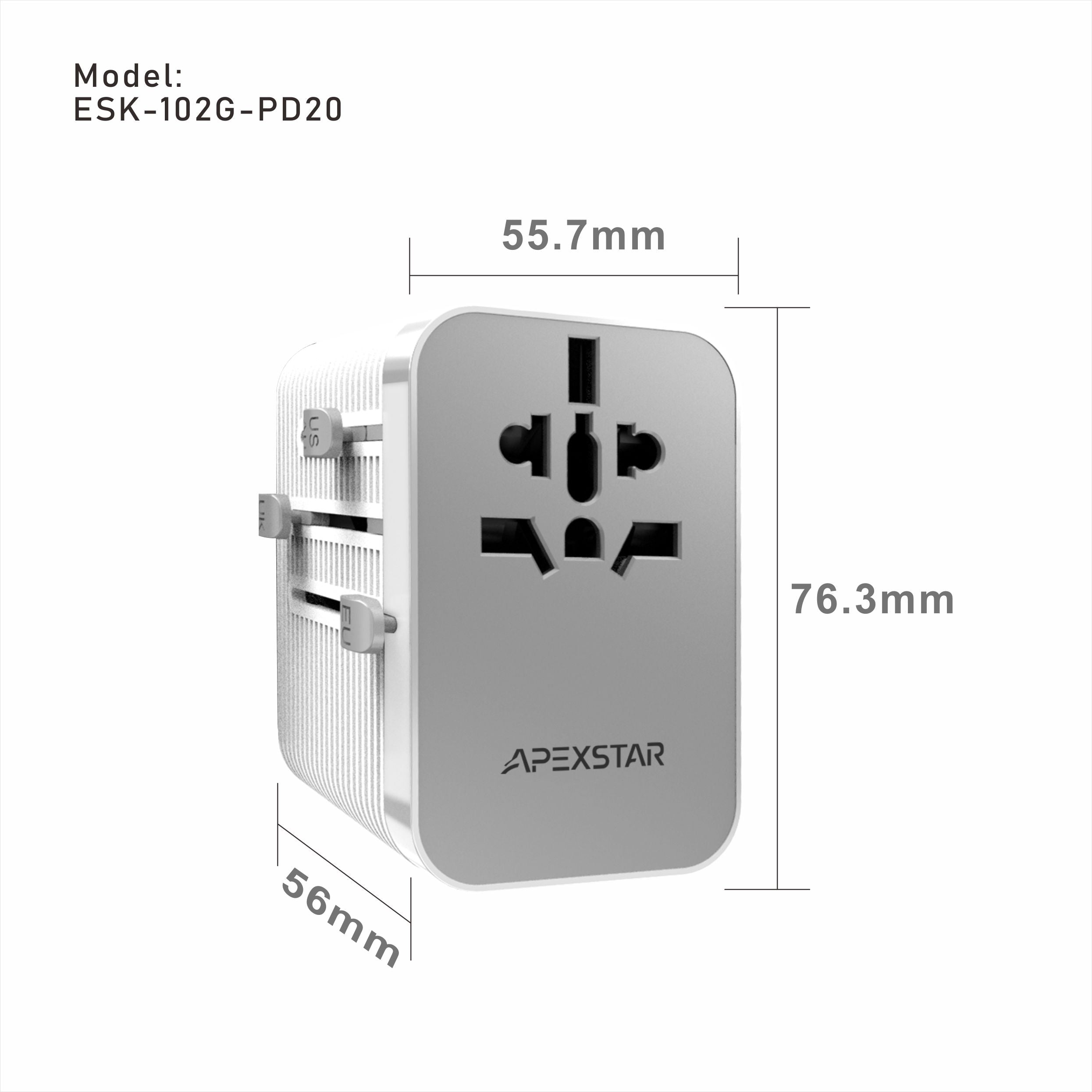 Apexstar Global Travel Adapter: A Must-Have for Travel Charging with PD & QC 3.0 Dual USB-C And 2 USB Travel Ports/ Multi-Country Compatible with Overload, Short-Circuit & Over-Temperature Protection/ Multiple Safety Features for Worry-Free Charging