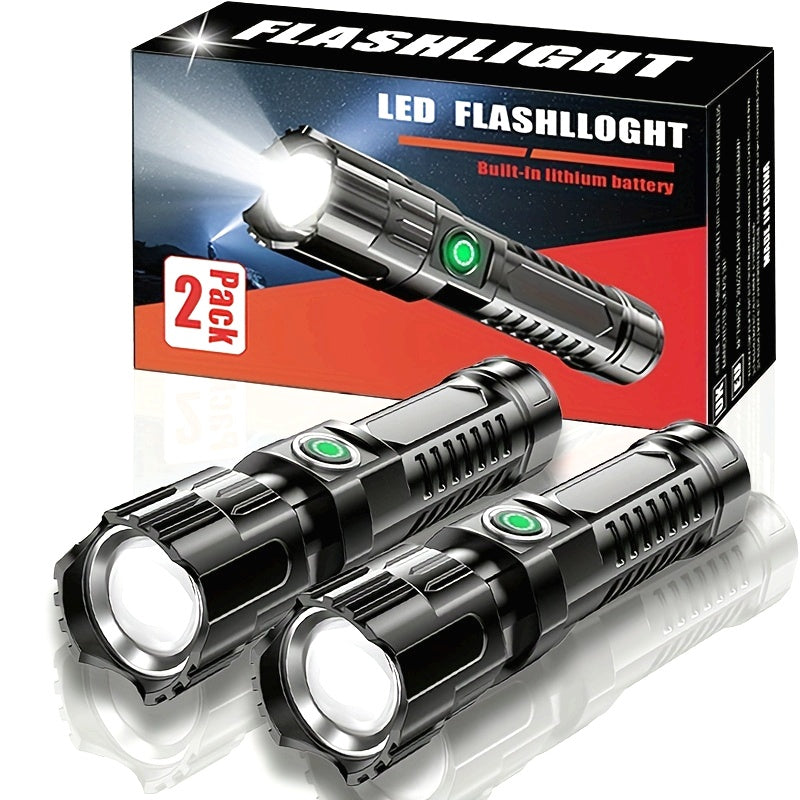Two Ultra-Bright Flashlights, High Lumen Tactical Flashlight with 3 Modes, Zoomable, Portable Camping Flashlight for Outdoor Hiking & Home Emergency, Built-in Lithium Battery