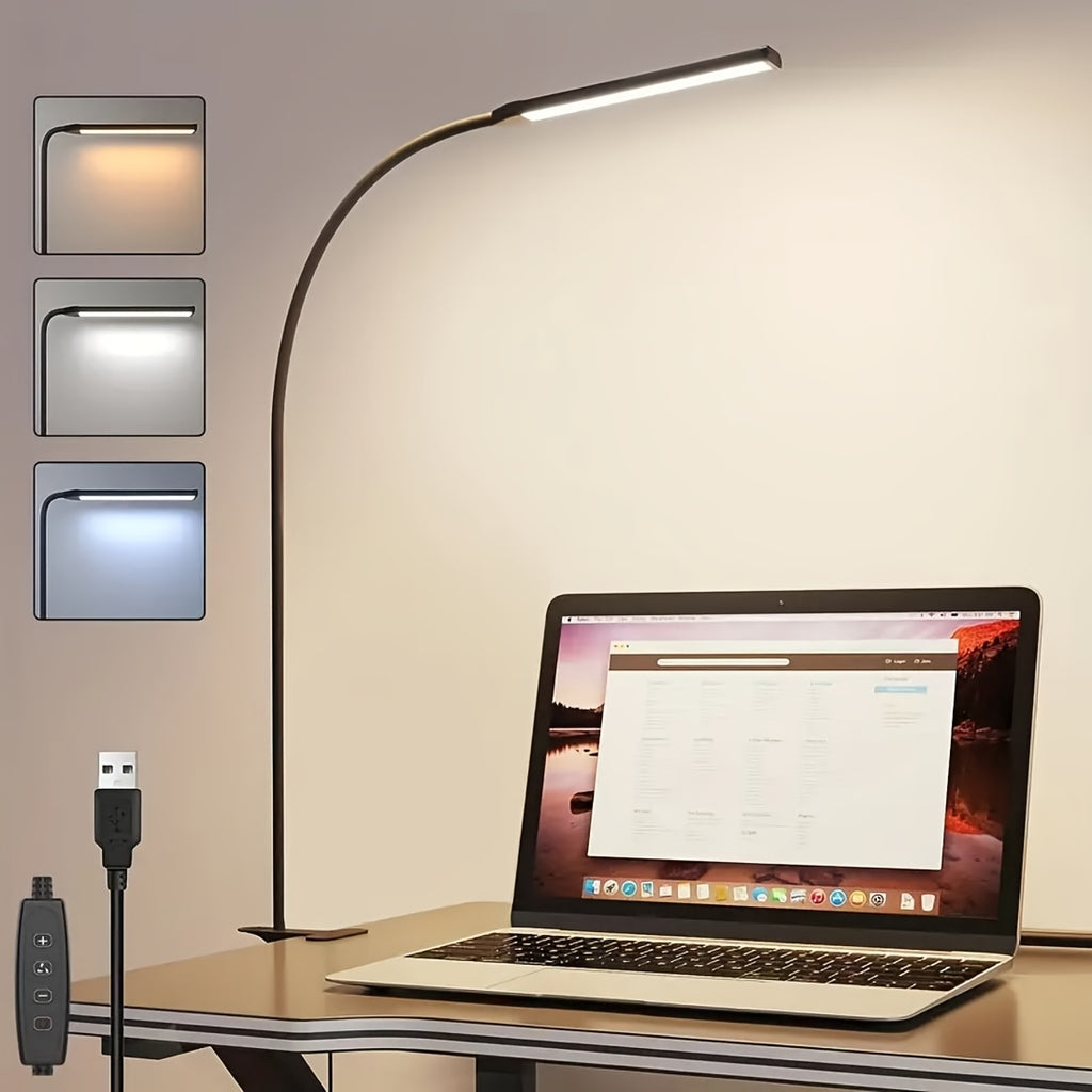 Clip-on desk lamp, soft gooseneck freely adjustable, adjustable brightness and dimmable, one-key switch: white light (efficient work), warm yellow (comfortable leisure), yellow light (romantic atmosphere), suitable for living rooms, studies