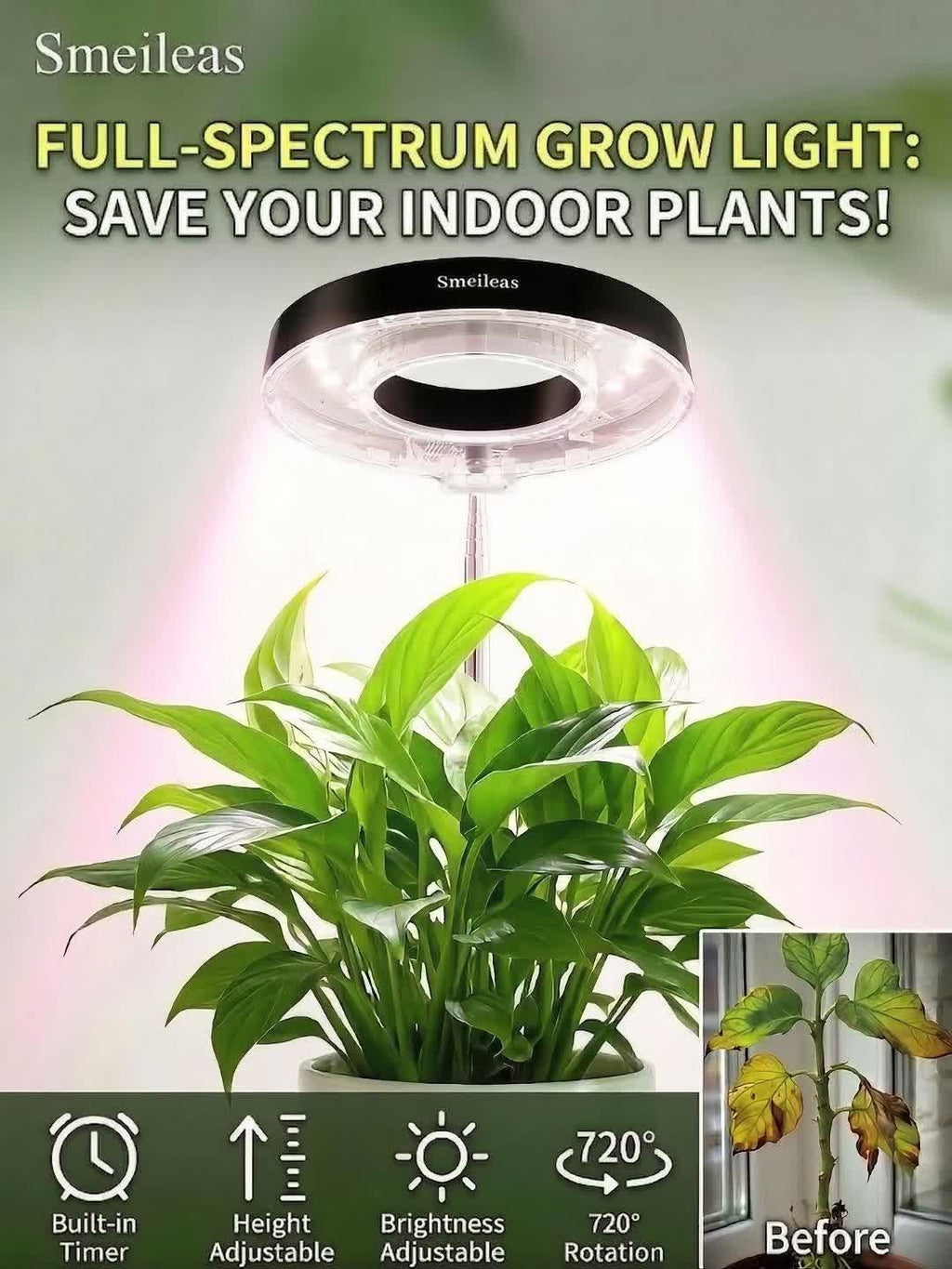 2Pcs Modern 720° Magnetic Indoor Plant Grow Light, Full Spectrum Sun-Like LED Lamp, Auto Timer, Height & Brightness Adjustable for Living Room Office Home Plant Decor