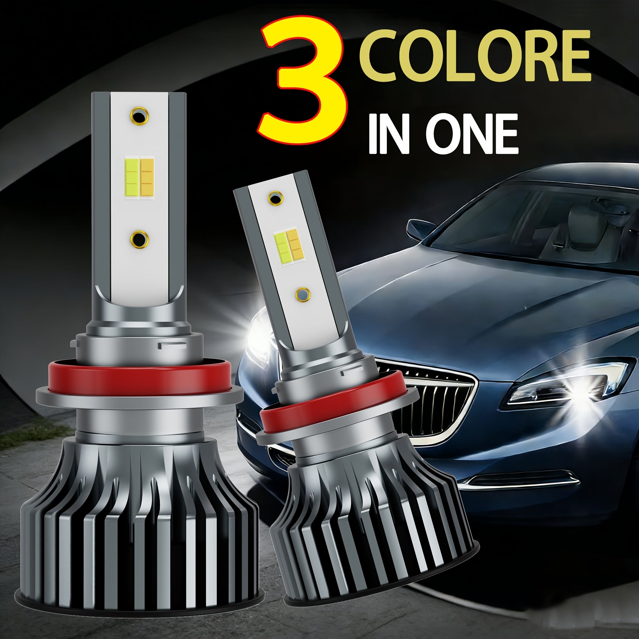 Tri-Color Car LED Headlight Kit, 2-Pack, H1 H4 H7 H11 9005 9012, 60000LM, Super Bright Fog Light Bulbs, Universal Compatibility, No Battery Included