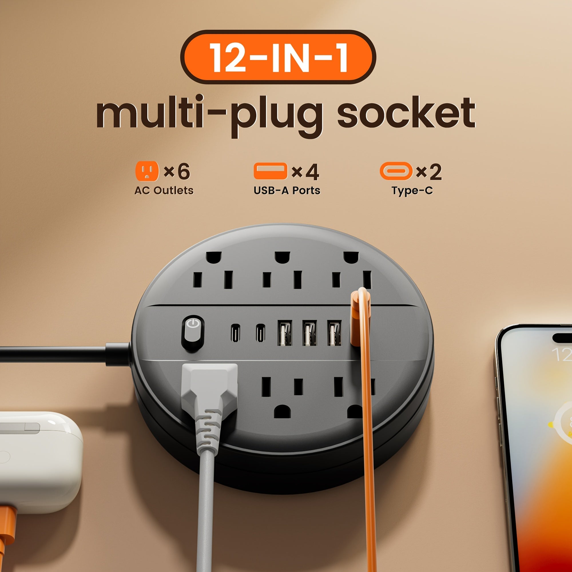 A Versatile Power Strip Featuring 12 Functions, Equipped with a Surge Protector, 6 USB Charging Ports (Including 4 USB A And 2 USB C), And 6 AC Outlets. This Compact Charging Station Can Be Mounted on The Wall And Is Suitable for Home, School