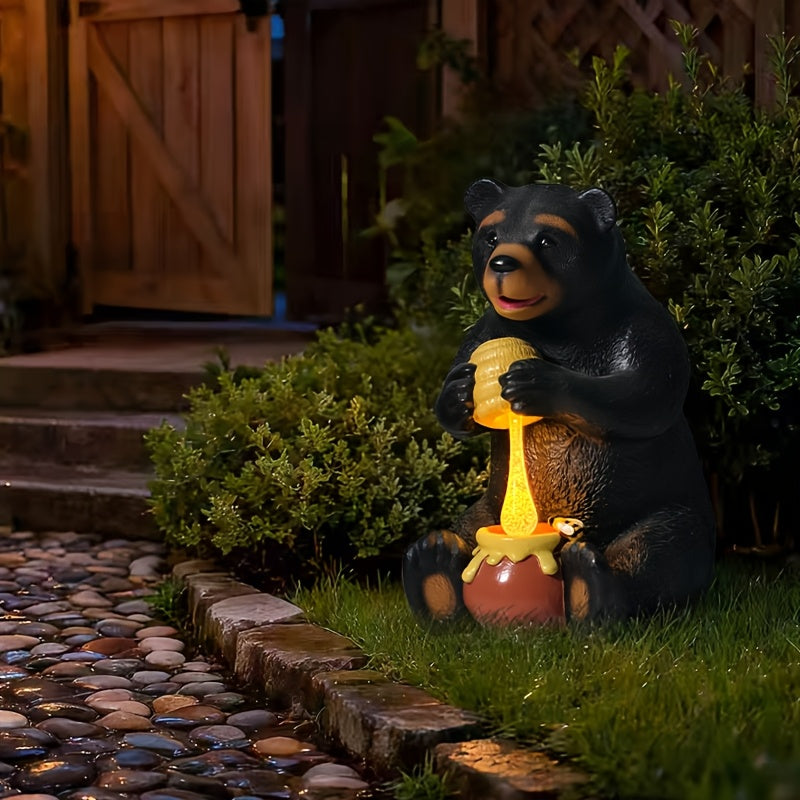 Black Bear Squeezing Honey Light, Non-Flat Printing, Resin Craft Statue Ornament Solar Light, Bear Statue Garden Resin Craft, Art Decoration with Solar LED Light, Landscaping DIY Garden Sculpture, Courtyard Lawn Home Decoration