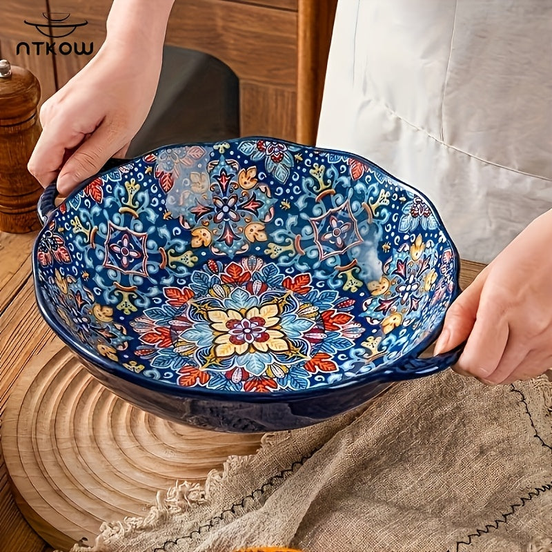 NTKOW 1 Piece Bohemian Style Large Soup Bowl / Soup Pot! Extra-Large Size with Double Ear Handles, Microwave Safe. Ideal for Family Soups or Gatherings. Suitable for Sea Shipping – Sturdy Design Ensures Transport Safety