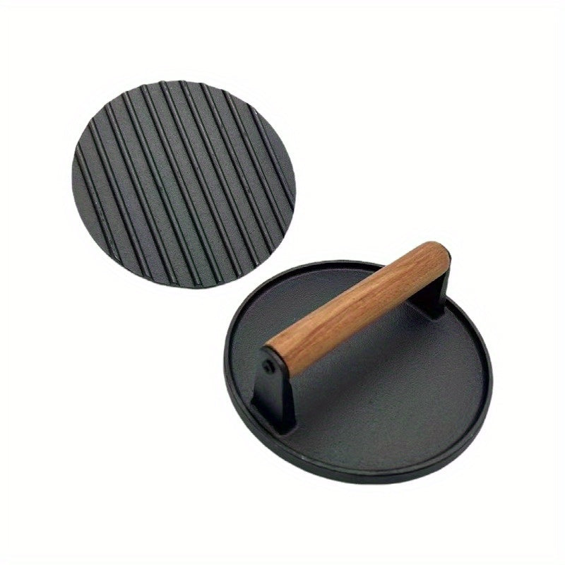 Cast Iron Meat Press Plate, Rectangular Round Striped Grid Grill Press for Steak and Barbecue, Uncoated with Beech Wood Handle