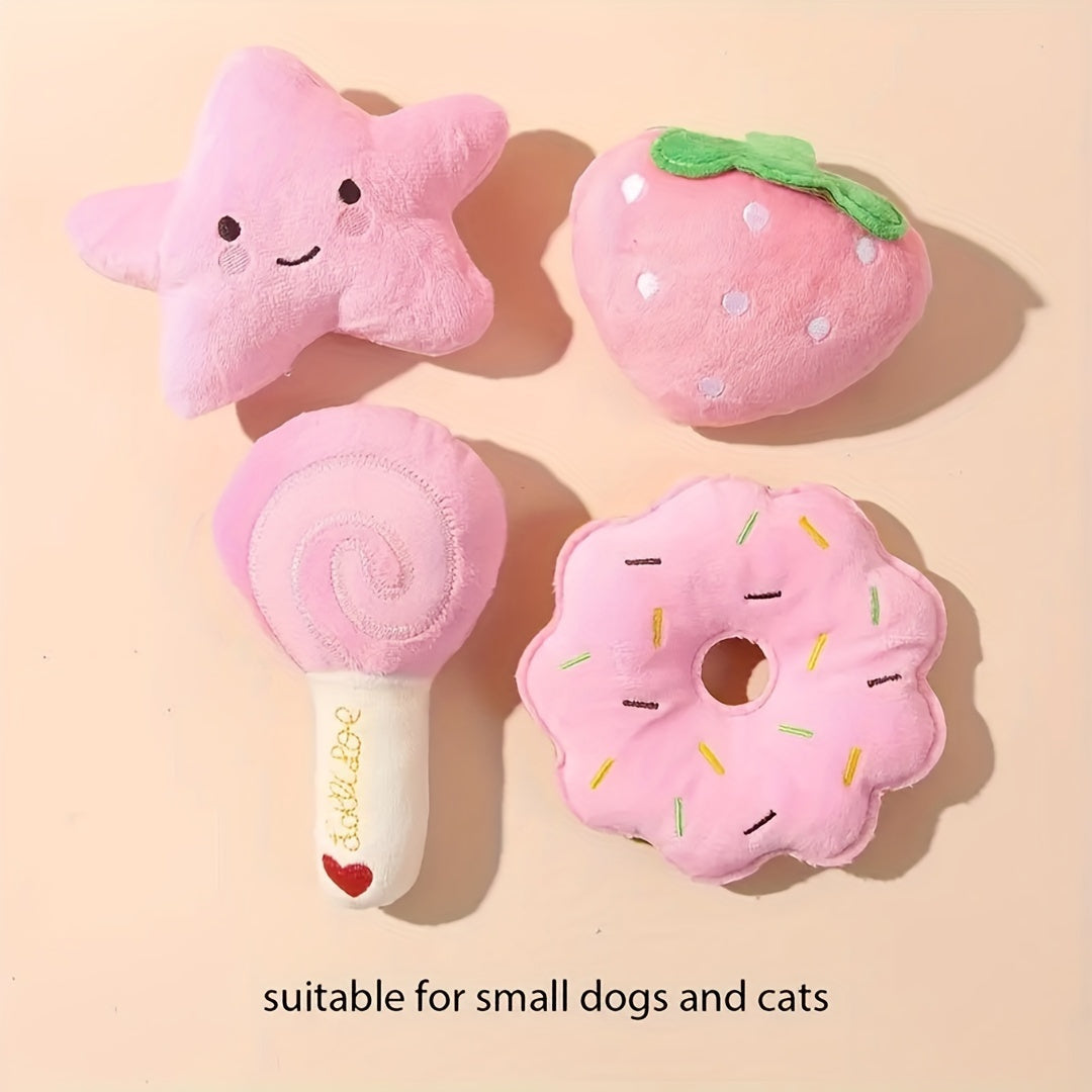 小型犬猫专用粉色柔软互动玩耍睡眠玩具4件套 - 草莓、甜甜圈和棒棒糖设计