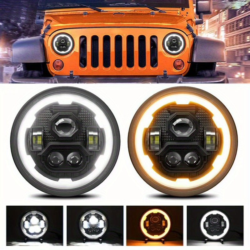 One Car LED Headlight, 7-Inch Round Gear Angel Eye Dual Color Daytime Running Light, Turn Signal, H4 High/Low Beam Integrated High Brightness Cool Headlight, Headlight Assembly, Motorcycle Spotlight