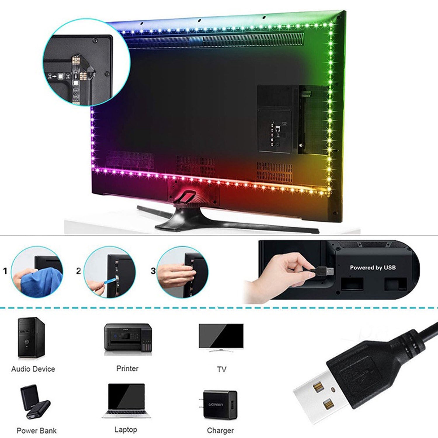 USB RGB LED灯带，配备三键遥控器，3535变色柔性灯带，可调亮度与多种模式，可裁剪式橱柜下照明灯，适用于客厅、舞蹈室及节日装饰