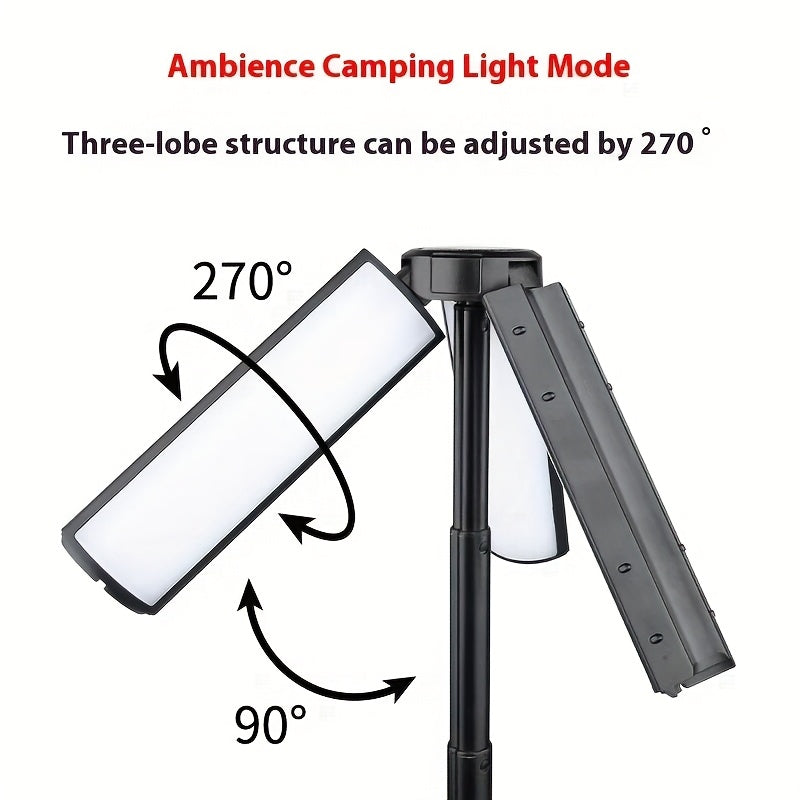 2-in-1 LED Camping Light & High Bright Flashlight, 4-Section Telescopic Rod, 270° Adjustable Beam, Hook Design, Detachable Shade Cover, Dual Switch Modes, USB Rechargeable Camping Lamp with Bracket Base, Ideal for Outdoor Adventure
