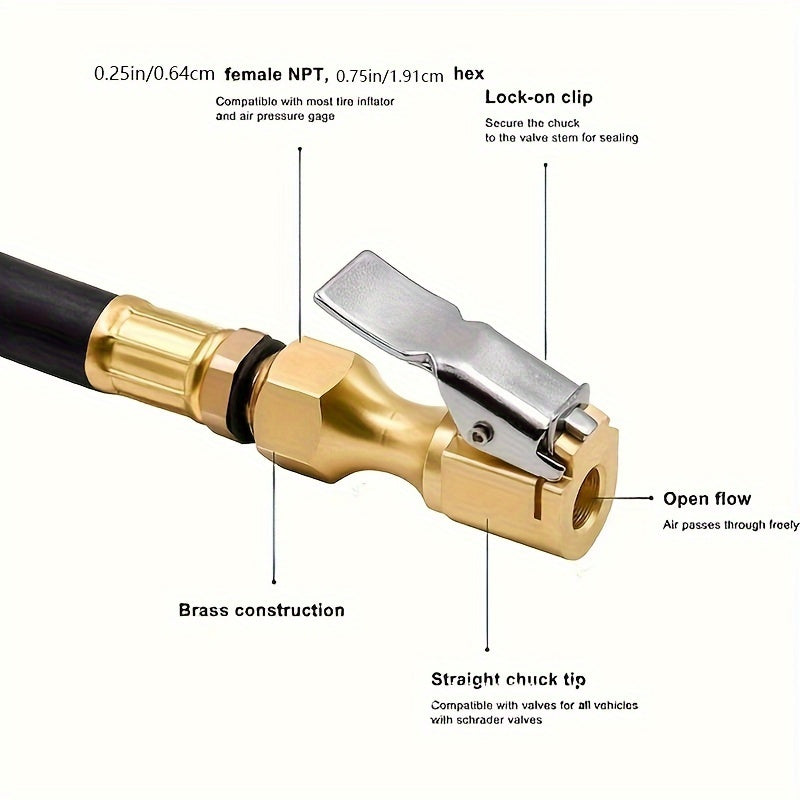 1pc Heavy Duty Locking Tire Inflator Chuck – Brass Construction with Quick-Connect Clip, Golden Finish & American NPT Thread, for Fast Airflow