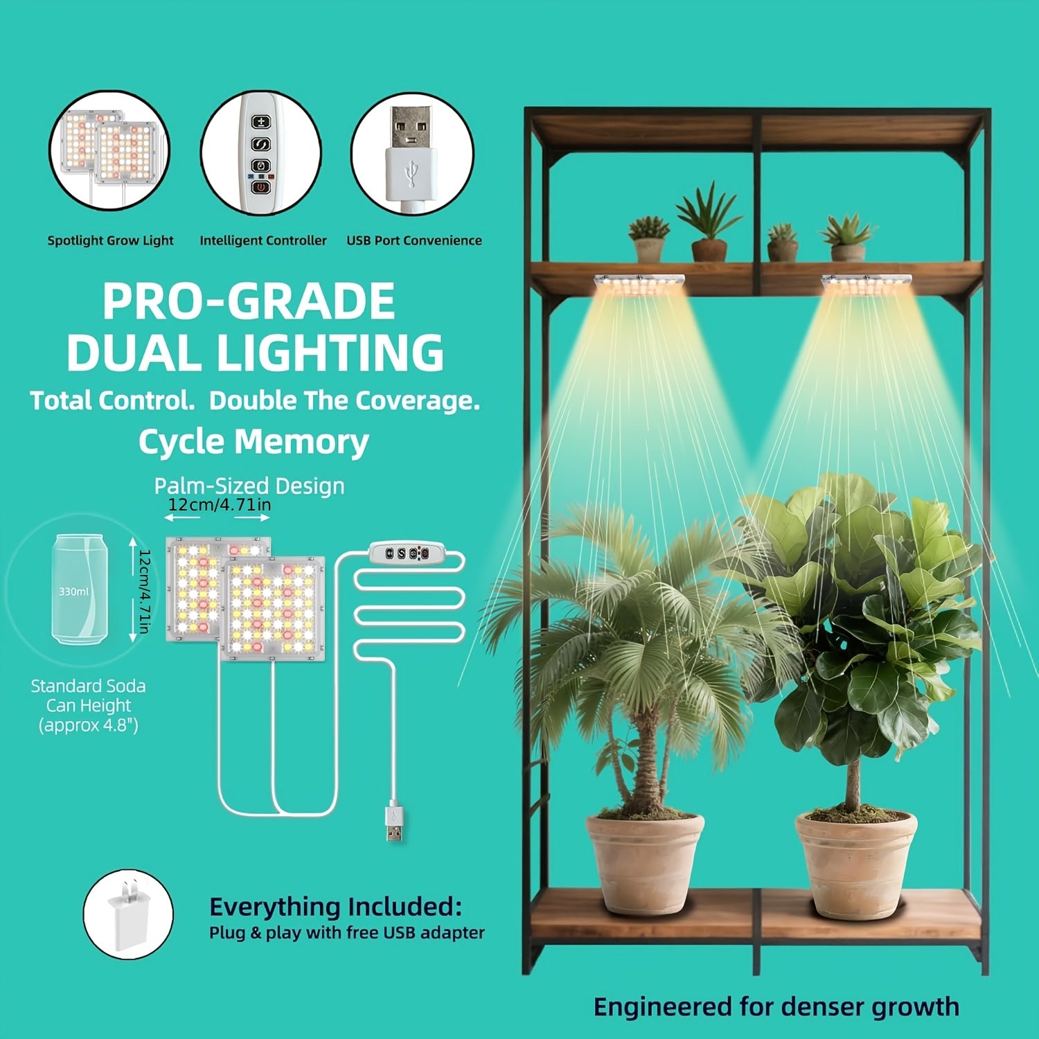 LED Indoor Plant Grow Light, Full Spectrum Under-Shelf Plant Supplement Light, High PPFD Spotlight Panel, 3/9/12H Timer & 10 Dimmable Levels, Adhesive Grow Lamp for Succulents, Plant Stands, Cabinet Greenhouses, Grow Tents & Hotels