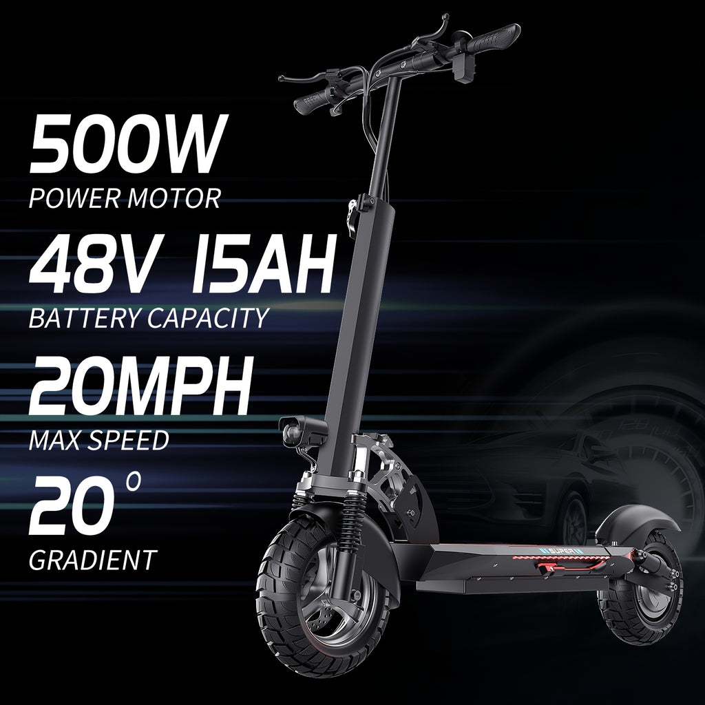 Q2-500W 成人座椅电动滑板车，续航30-35英里，10英寸轮胎，48V 15AH电池，可折叠设计与可拆卸座椅，巡航控制，明亮灯光，越野能力