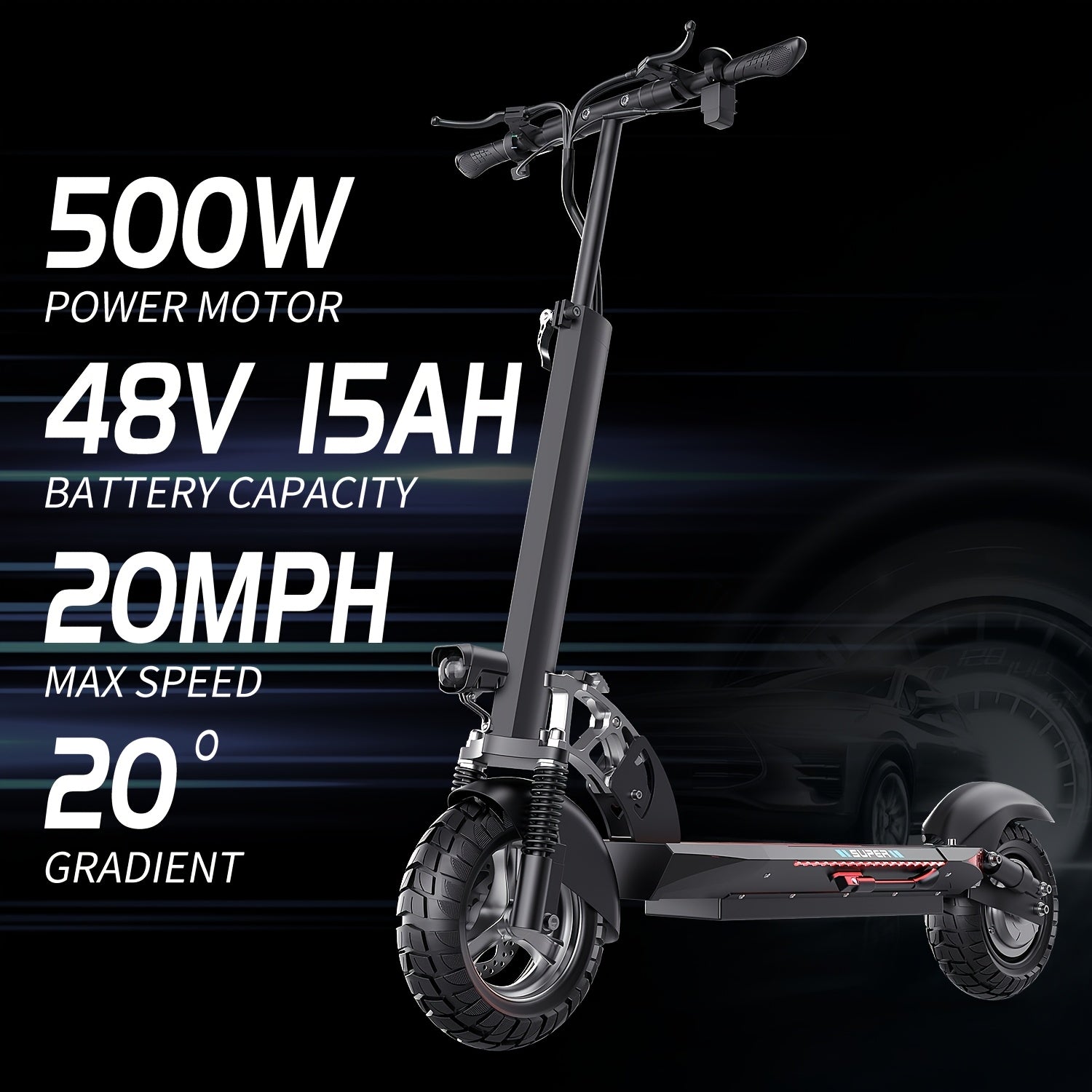 Q2-500W 成人座椅电动滑板车，续航30-35英里，10英寸轮胎，48V 15AH电池，可折叠设计与可拆卸座椅，巡航控制，明亮灯光，越野能力
