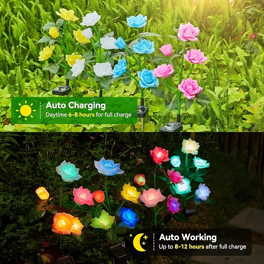 4pcs Solar 5-Rose Flower Light with 20 Flowers LED Artificial Flower Light Outdoor Decoration Courtyard, Garden, Path, Front Door, Lawn Ground Insert Flower Light Gift for Mom's Birthday