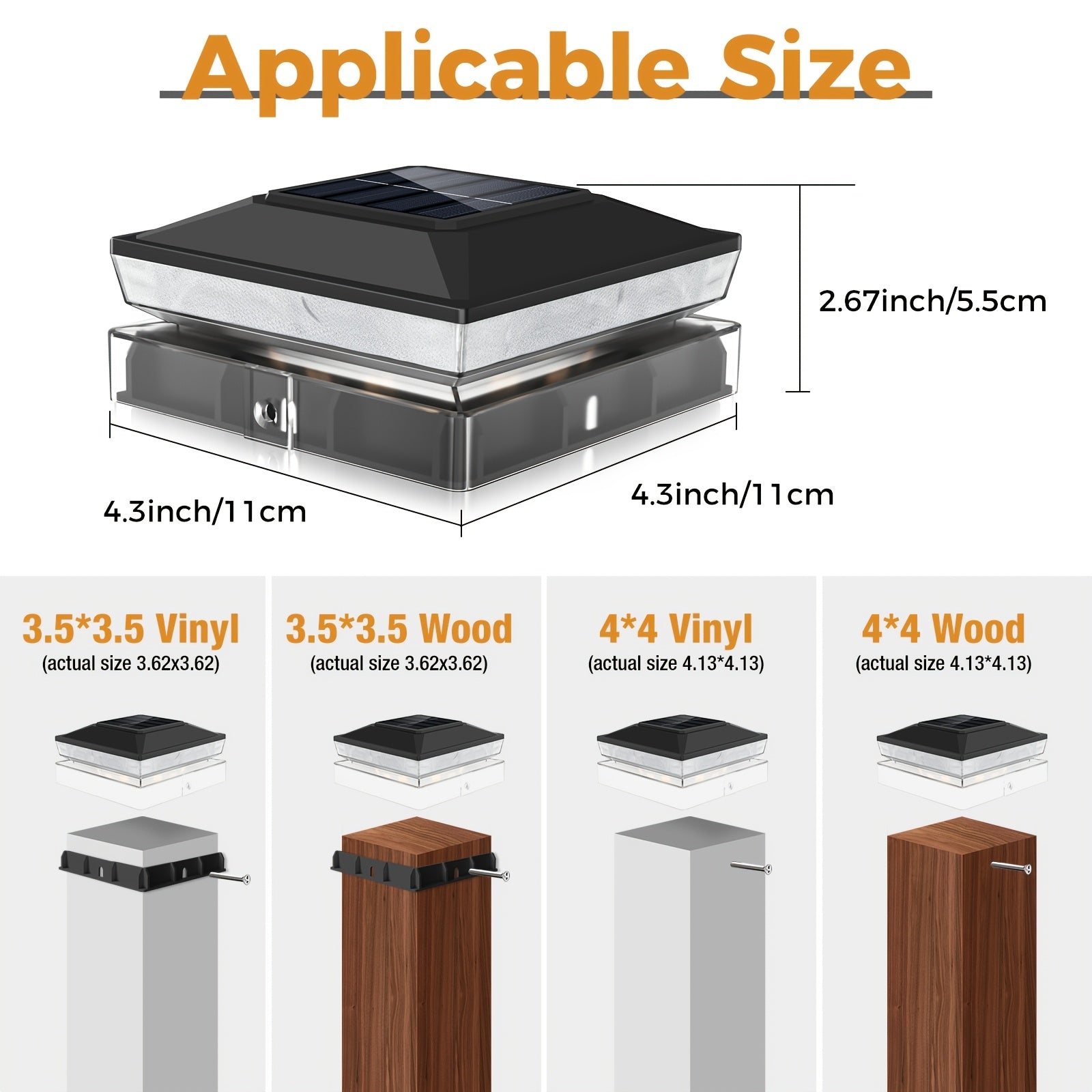 6/14 Pack Solar Post Cap Light, Fits 4x4 and 3.5x3.5 Inch Vinyl/Wood Posts, Dual Color Temperature (Warm White/Cool White) Two Lighting Modes, Dusk-to-Dawn Auto On/Off, IP65 LED Outdoor Fence and Patio Light, Black