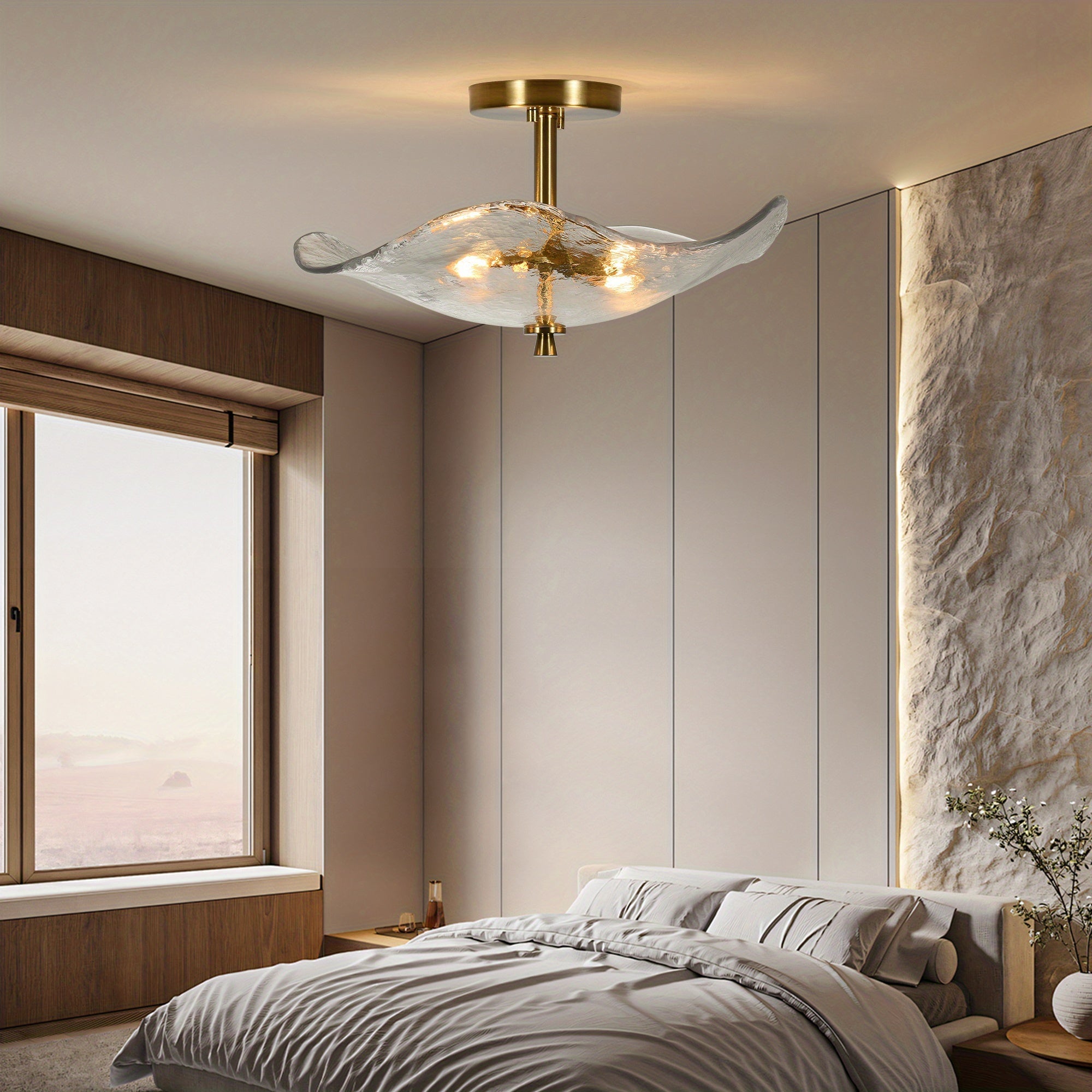16.5-inch modern semi-flush mount ceiling light (gold), dual-light ceiling light, elegant near-ceiling lighting, with water lily-shaped clear glass lampshade, suitable for bedroom, dining room, entryway and bathroom (E12 base, bulb not included)