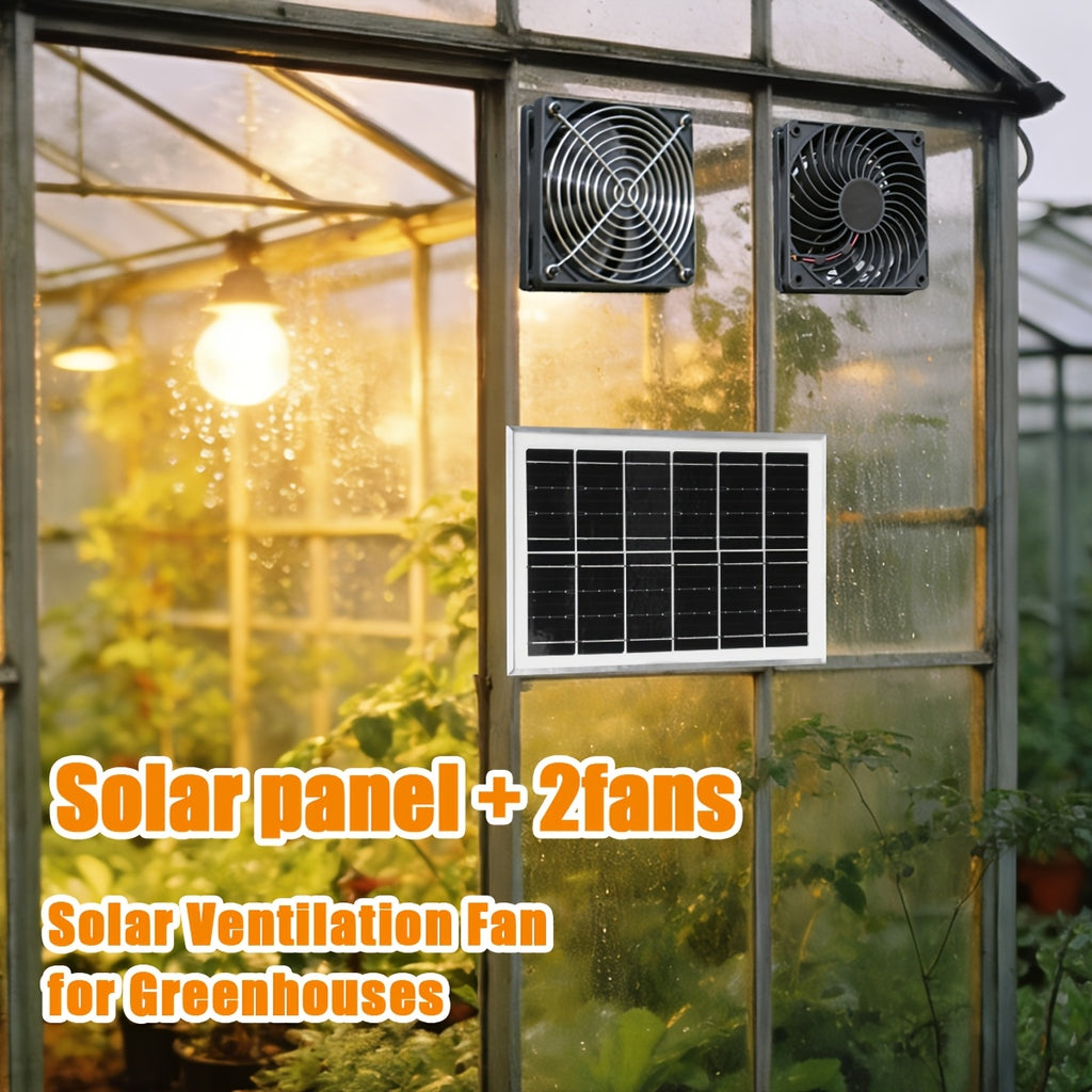 1PC Solar Panel + Dual Fan Kit, Indoor and Outdoor Air Circulation, Solar Powered, Easy to Install, Suitable for Greenhouse, Pet House, Livestock Ventilation and Outdoor Camping (Battery Not Included)