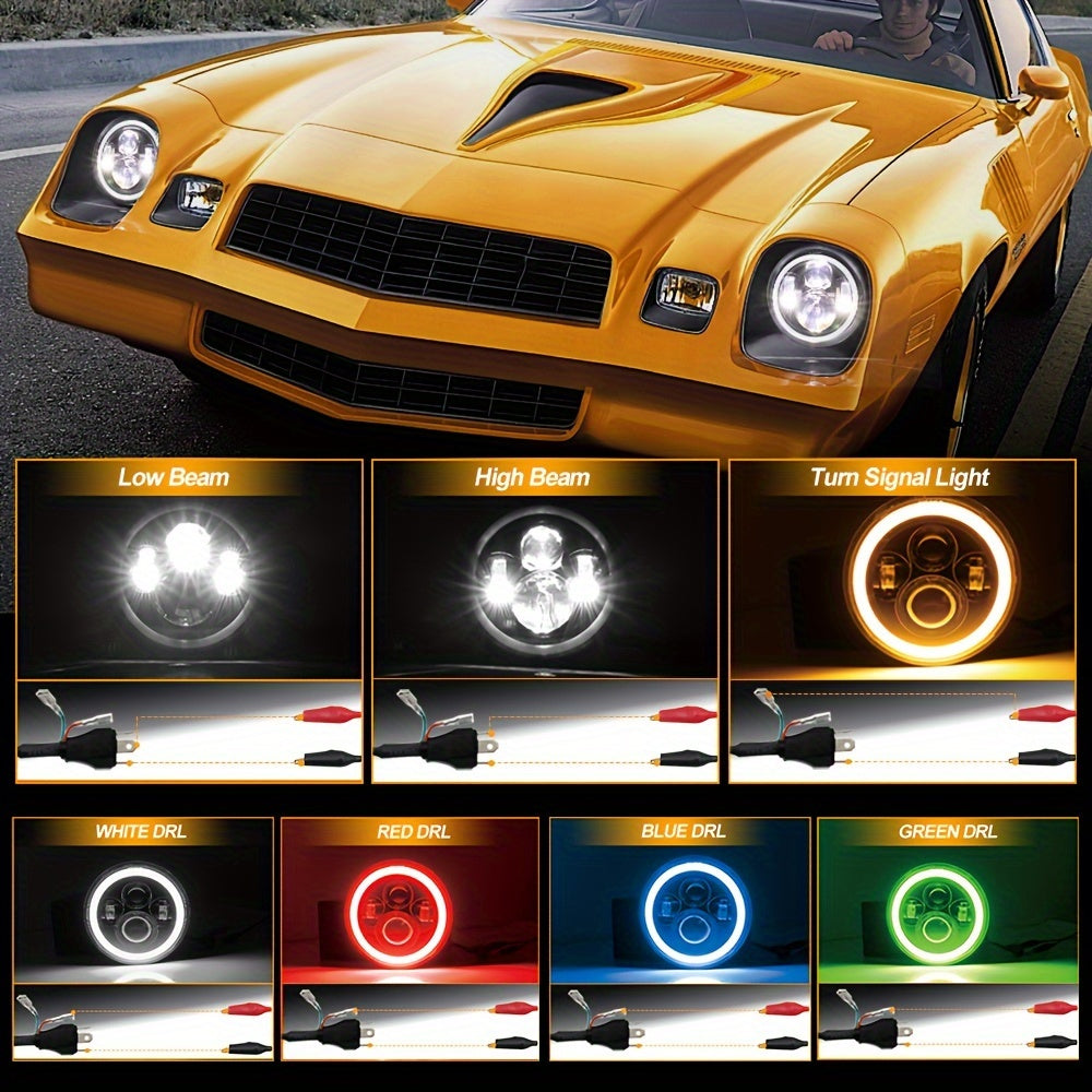 2 Pcs 7-Inch Round LED Headlights with Colorful Daytime Running Lights and Amber/Blue/Green/Red/Pink Turn Signal Lights, High/Low Beam for JEEP Wrangler JK TJ CJ