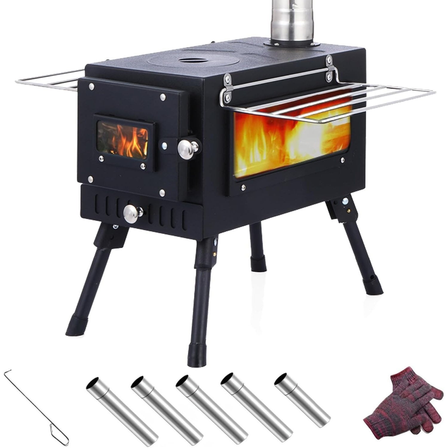 Wood Burning Stove, Stainless Steel Camping Stove, Portable Wood Stove, Outdoor Cooking Camping Wood Stove with 5 Chimney Pipe Sections & Gloves, Ideal for Ice Fishing