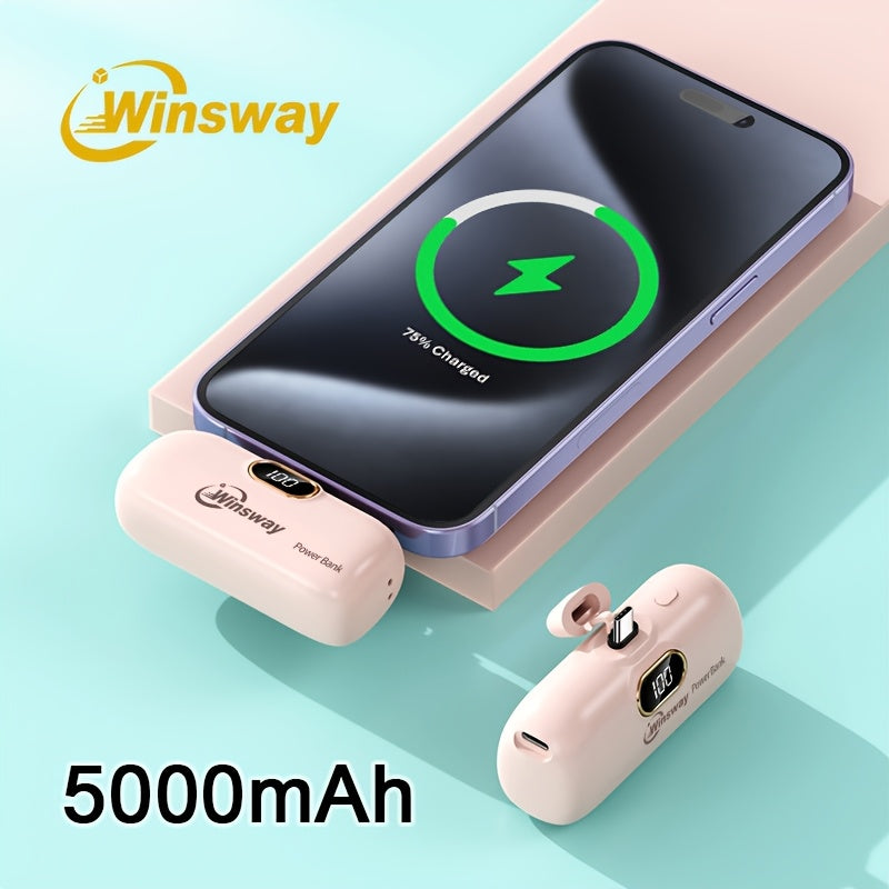 Winsway 5000mAh Super Mini Type-C Power Bank, Digital Display Of Power Value, Lipstick Size, Easy to Carry, Metal Interface Extended to Prevent Shaking And Disconnection, for Phone 16/16 Plus/15 Pro/15 Pro Max/Pad Pro/Android Mobile Phones