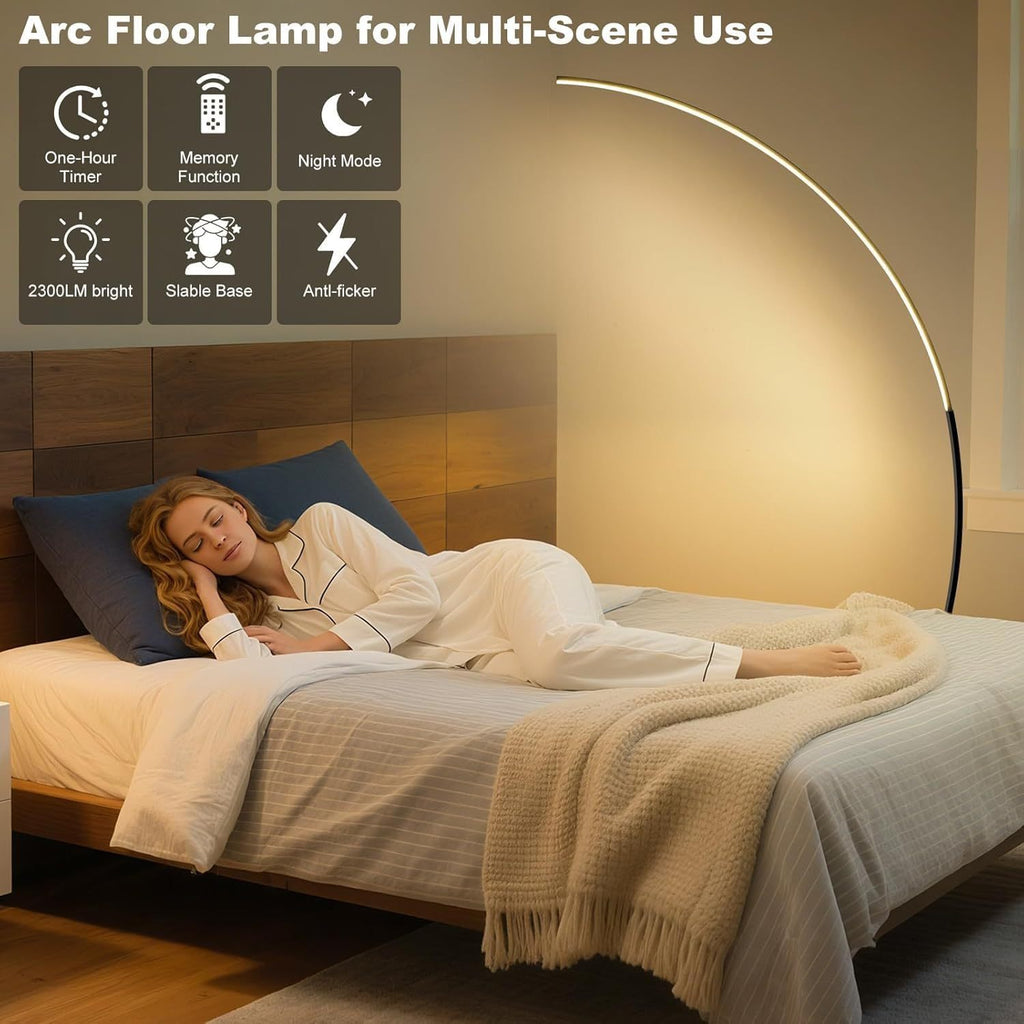 65-inch modern arc floor lamp with remote control, LED dimmable curved reading floor lamp, 3-color temperature vertical floor lamp, timer corner floor lamp, suitable for bedroom, living room, office