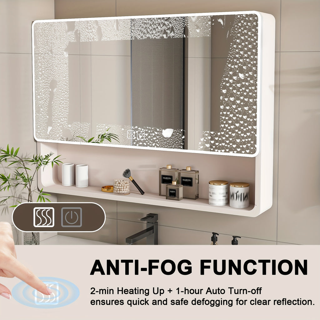 Stone 35"x28" Aluminum Bathroom Mirror Cabinet with Smart LED Lighting & Anti-Fog - Wall Mount Vanity Mirror with Cosmetics Shelf & Hair Dryer Holder, Khaki