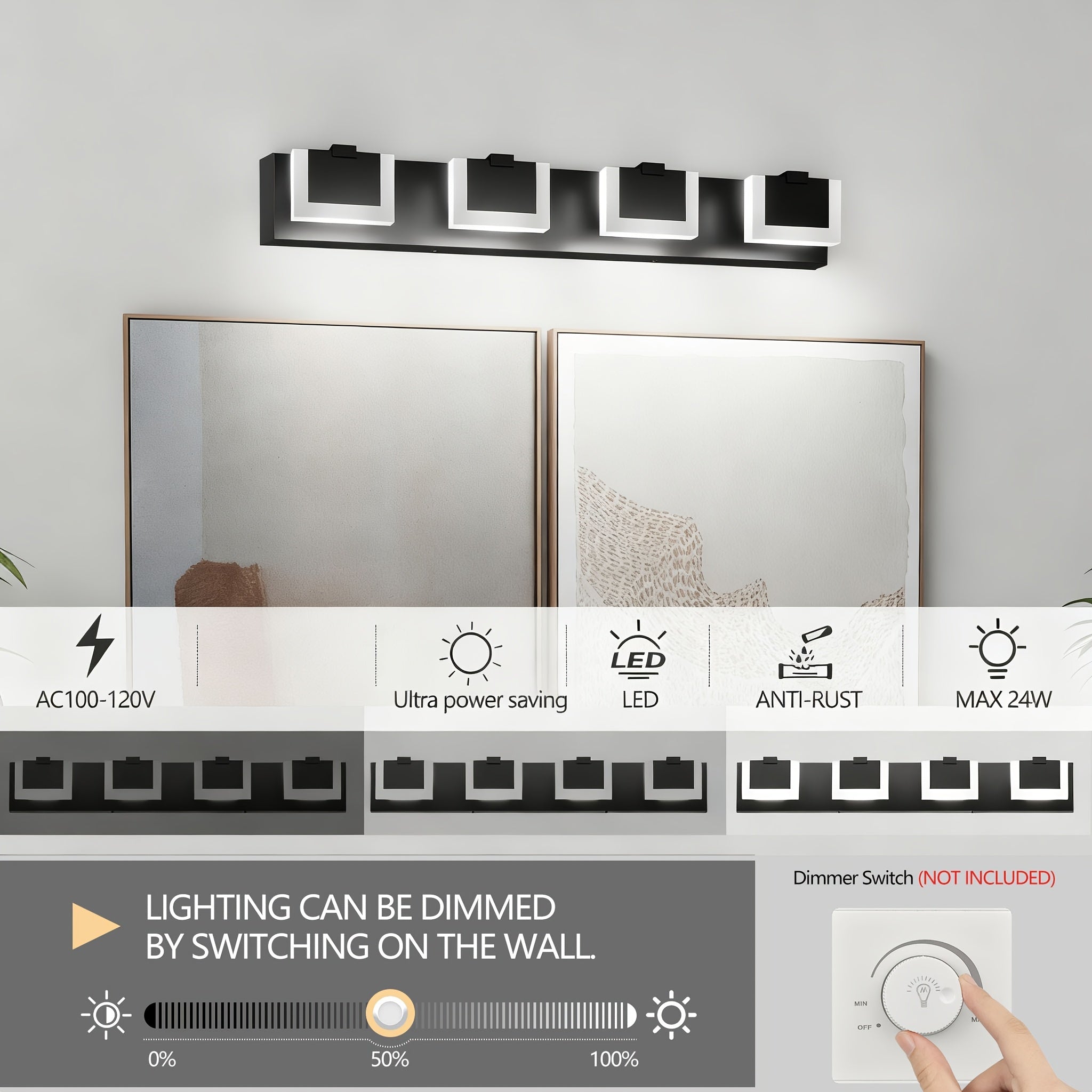 30-Inch 4-Light Bathroom Vanity Light, Elegant Modern Bathroom Wall Light, with LED Light Source and Square PC Material Shade, Wall-Mounted Fixture, Made of Stainless Steel, Dimmable, Suitable for Bathroom, Living Room, Bedroom (Black)