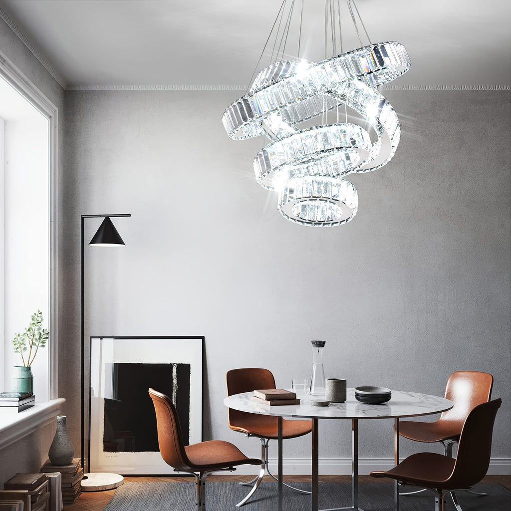 Modern LED pendant light, crystal chandelier, with 4 rings, suitable for dining room, bedroom and living room, diameter 7.9" to 19.7"