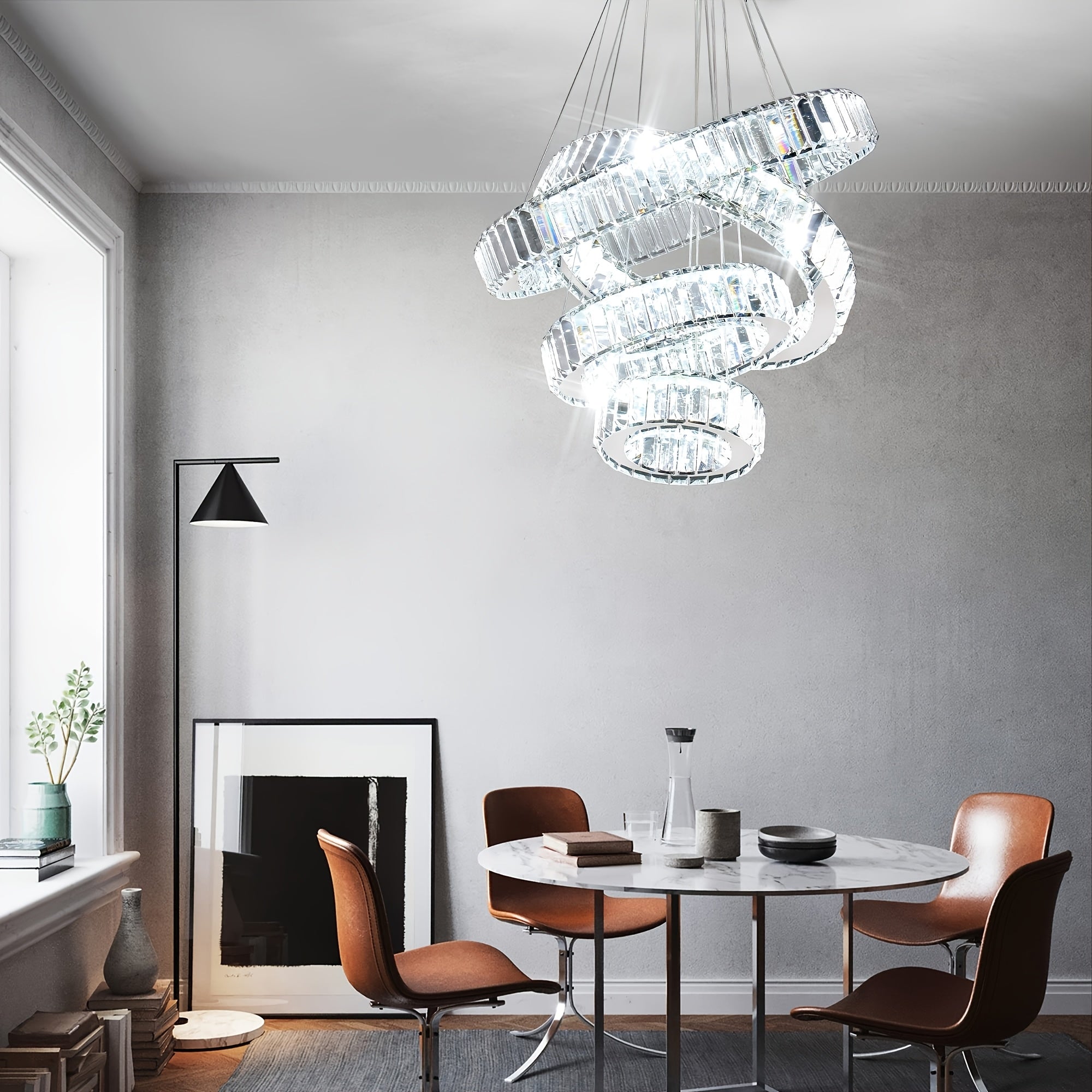 Modern LED pendant light, crystal chandelier, with 4 rings, suitable for dining room, bedroom and living room, diameter 7.9" to 19.7"