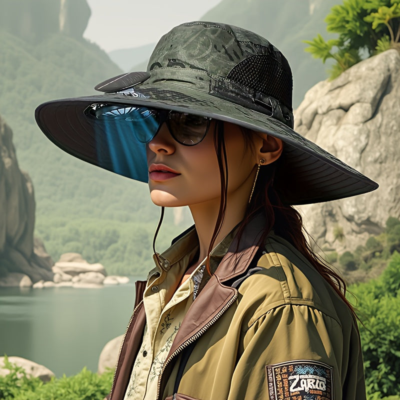 Unisex Solar Fan Boonie Hat, Reinforced Steel Wire Brim, 3-Speed Solar Fan with USB Charging, Breathable Cooling Design, Extra Wide Brim for Full Protection, Ideal for Hiking, Travel, Gardening and Outdoor Activities